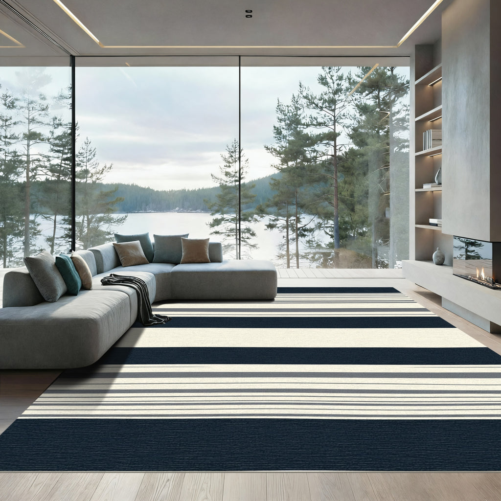 Navy Cream Thin Lined Stripe Rug