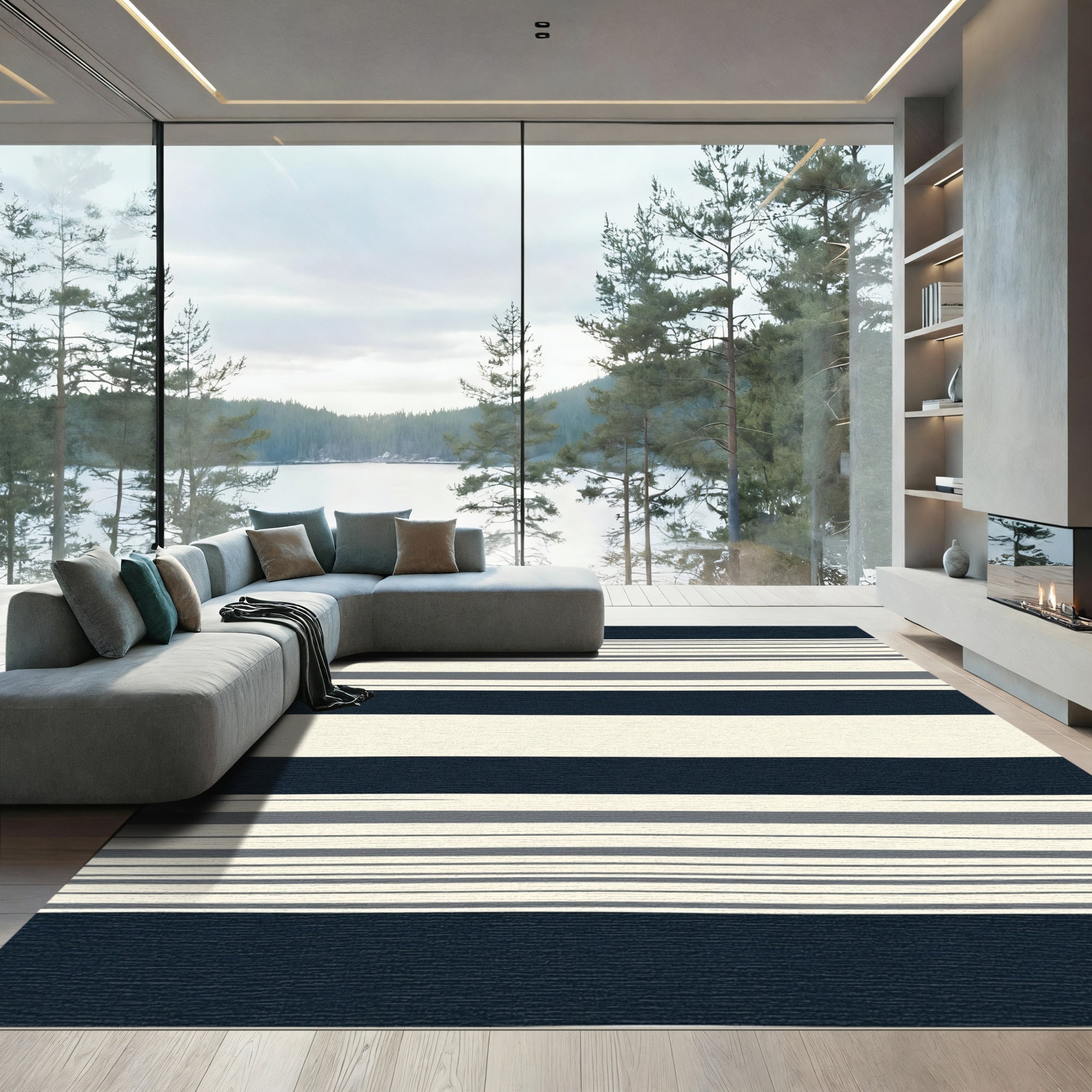 Navy Cream Thin Lined Stripe Rug