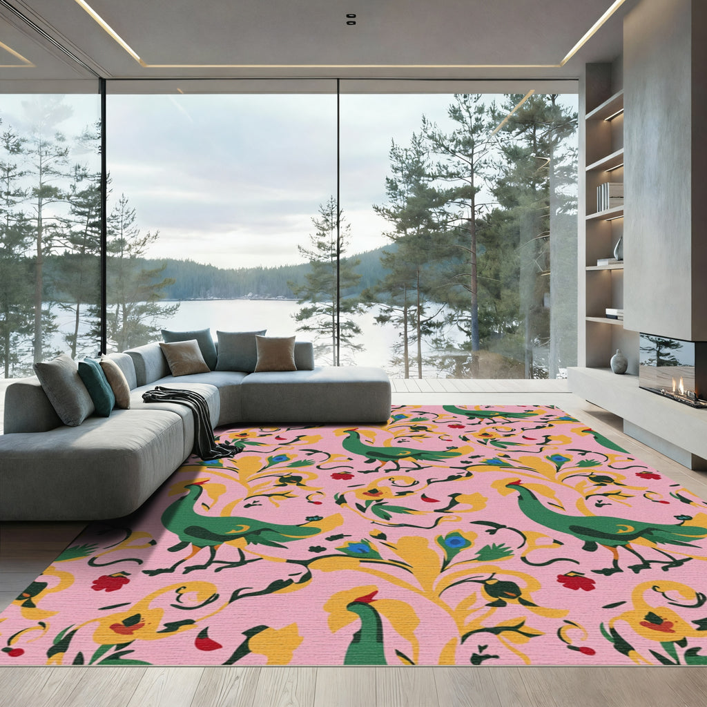 Green Peacock Pink Floral Art Rug