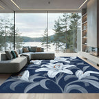 Deep Blue White Lily Floral Art Rug