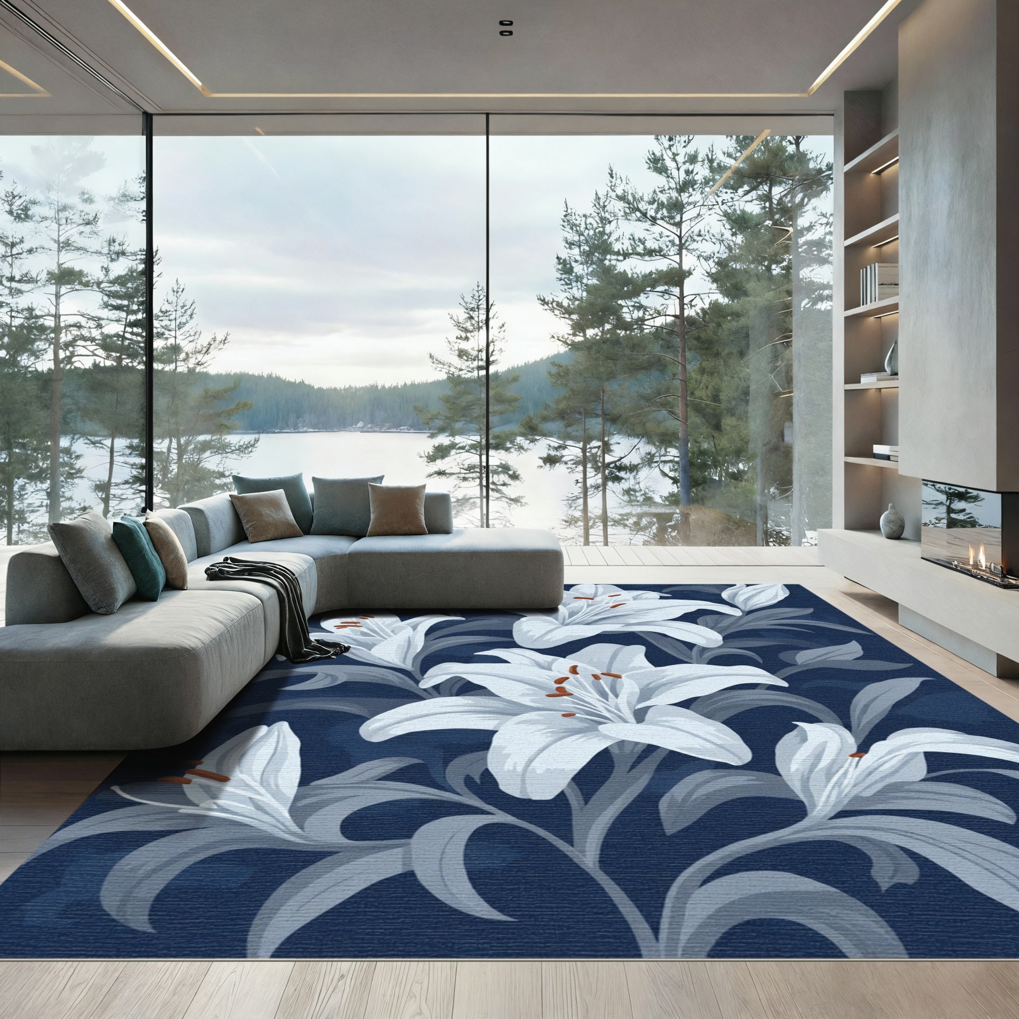 Deep Blue White Lily Floral Art Rug