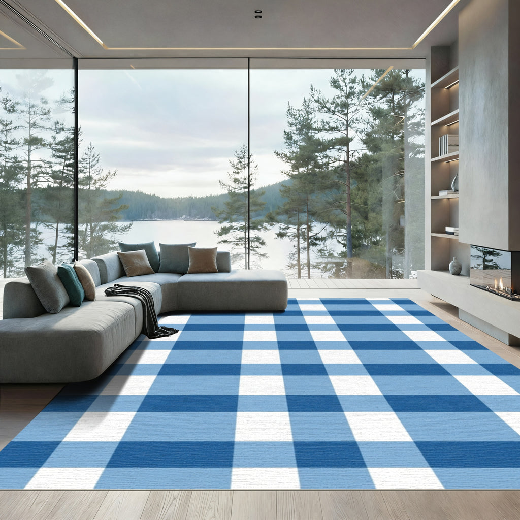 Bold Blue White Plaid Squares Rug
