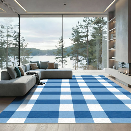 Bold Blue White Plaid Squares Rug