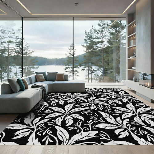 Black White Botanical Leaf Arrangement Rug