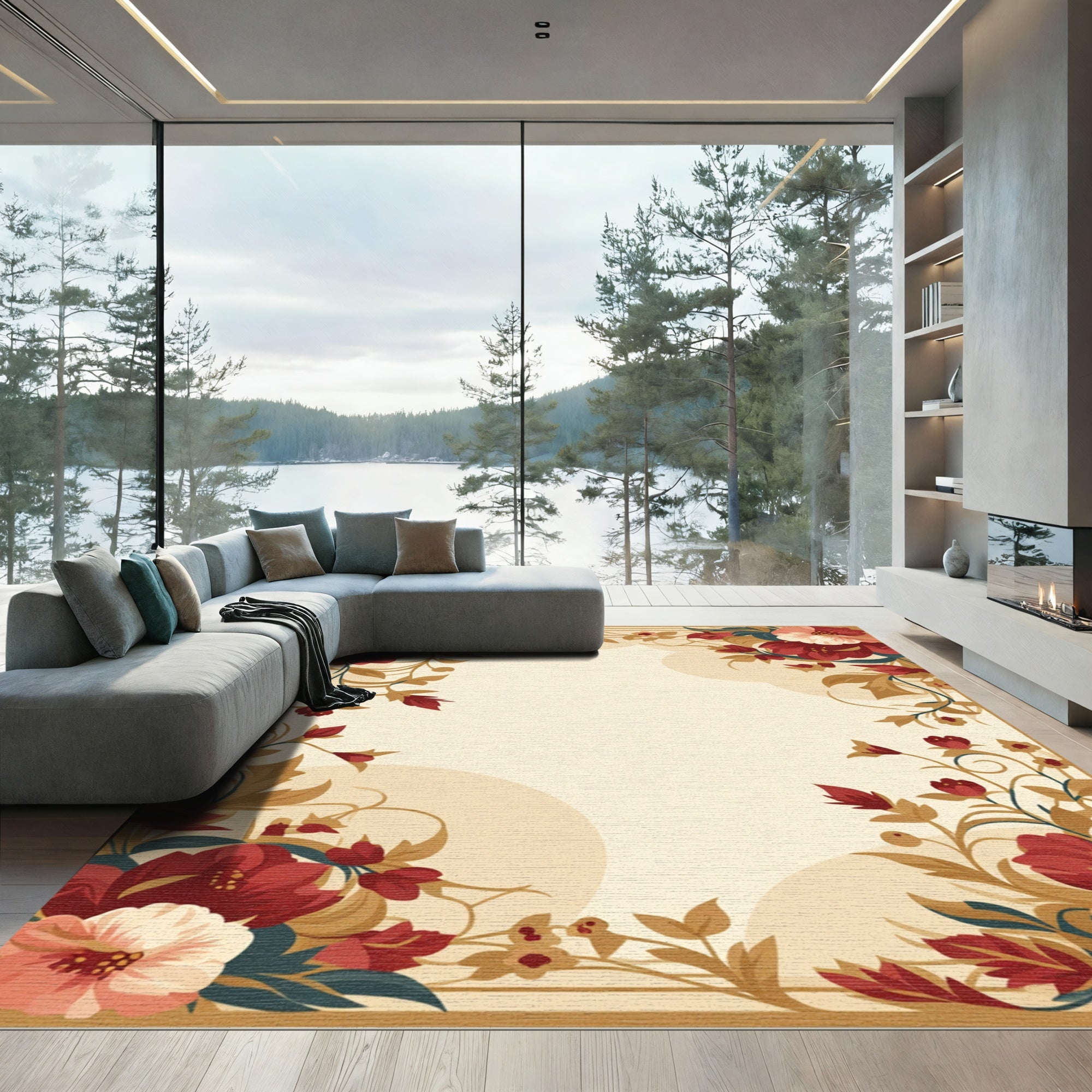 Rich Red Floral Vine Frame Rug