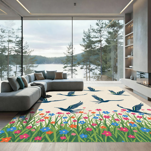 Bold Blue Birds Above Blooming Meadow Rug