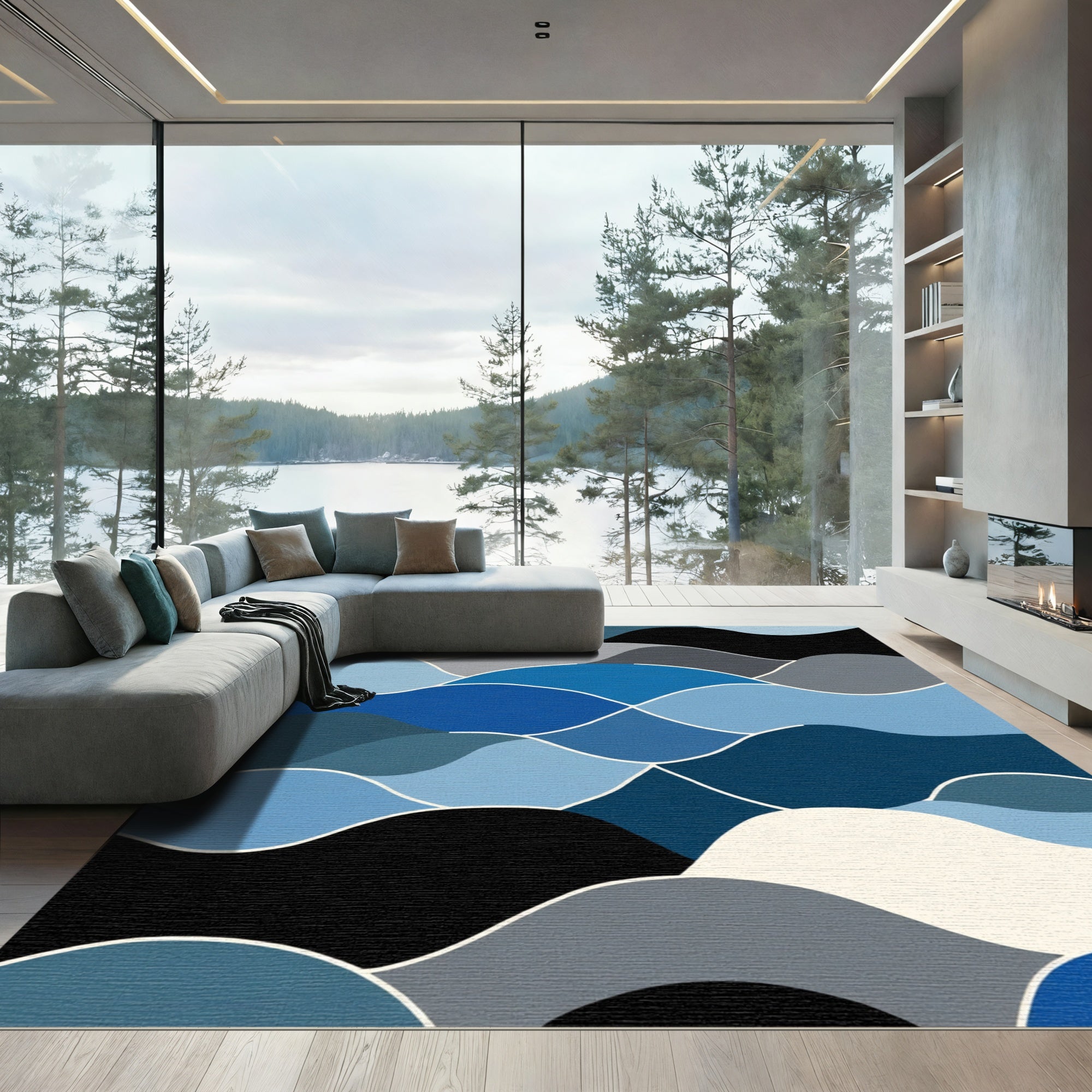 Layered Wavy Landscape Blues Rug