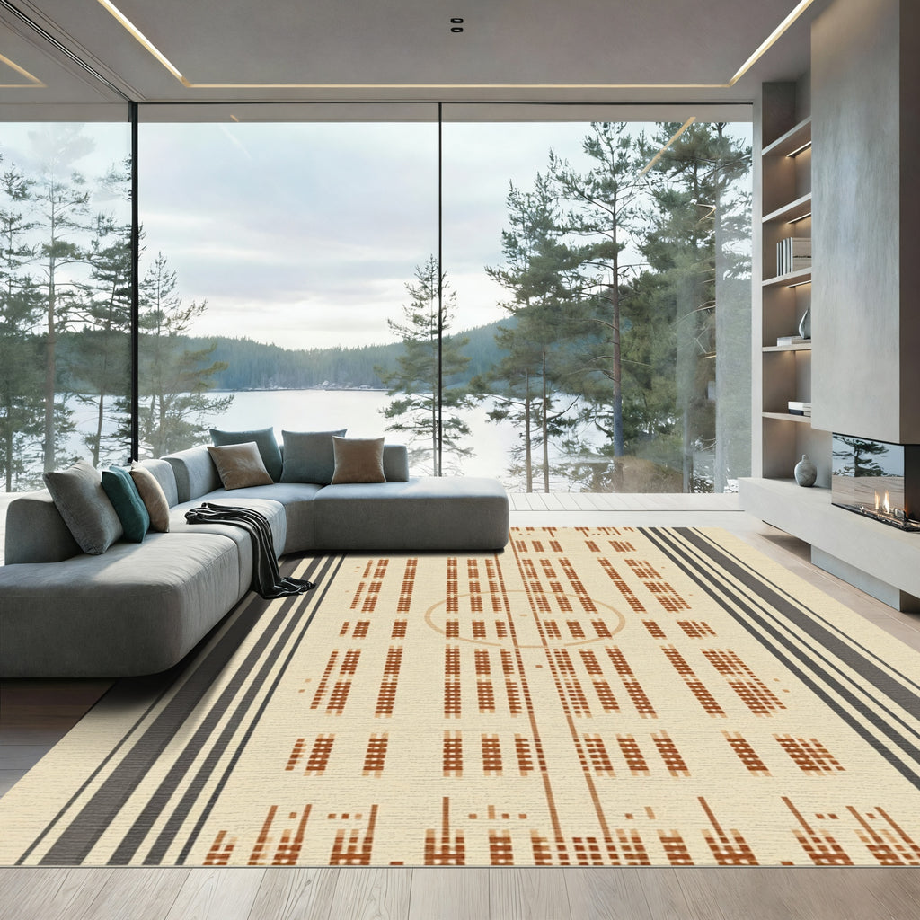 Rustic Beige Striped Grid Rug