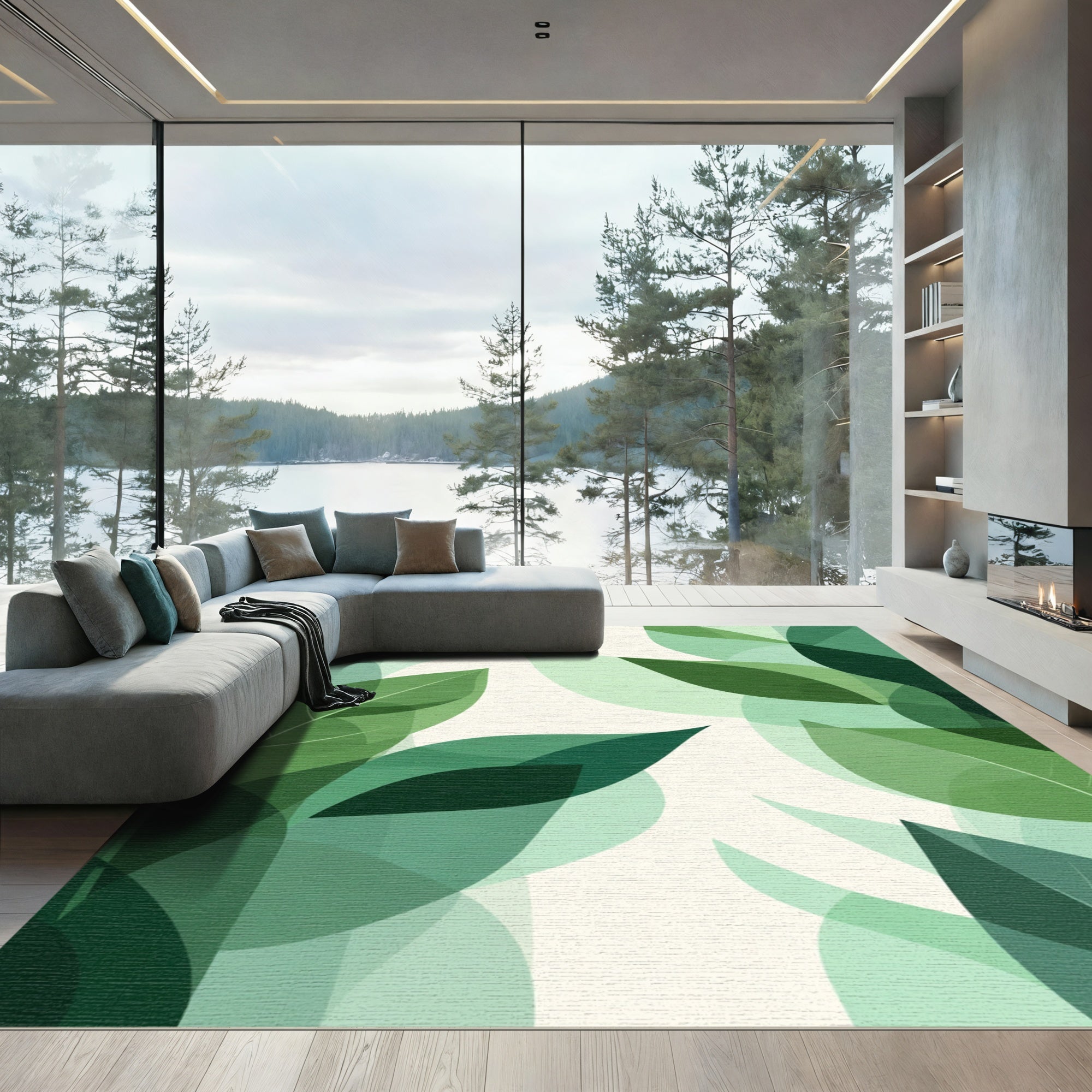 Emerald Green Leafy Overlap Art Rug