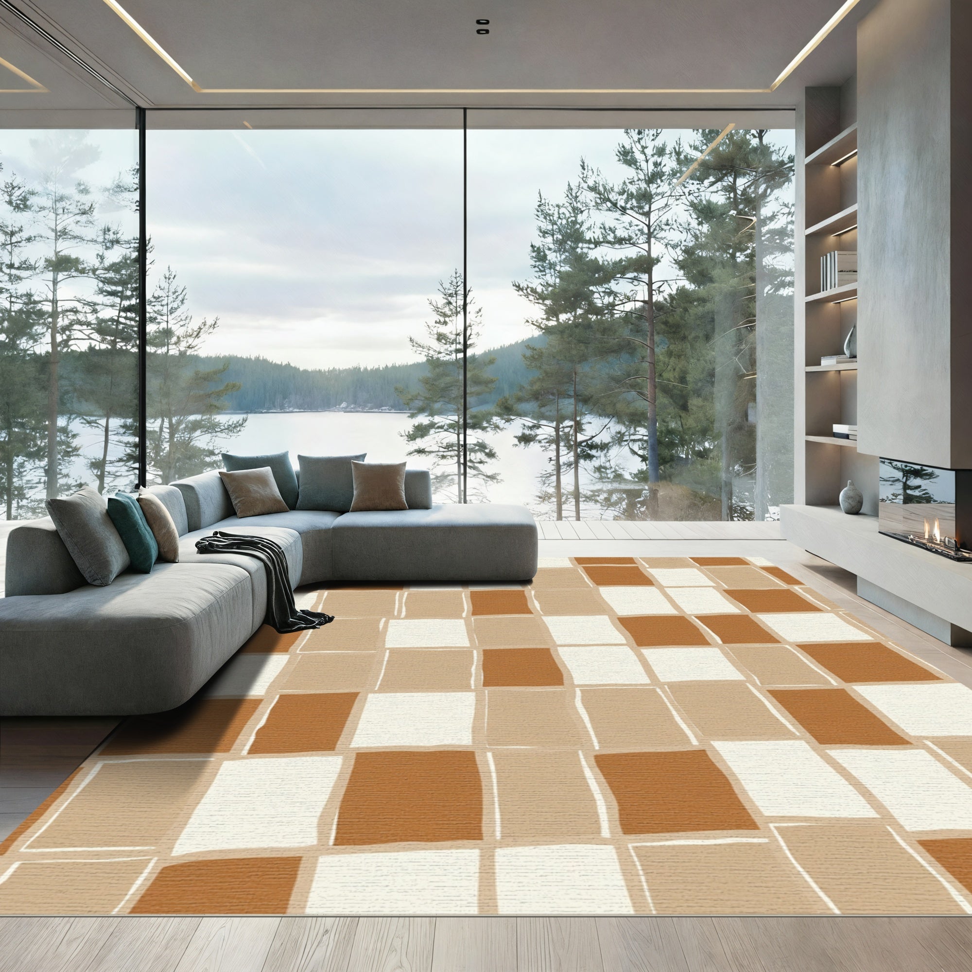 Earthy Brown Tones Checkerboard Squares Rug