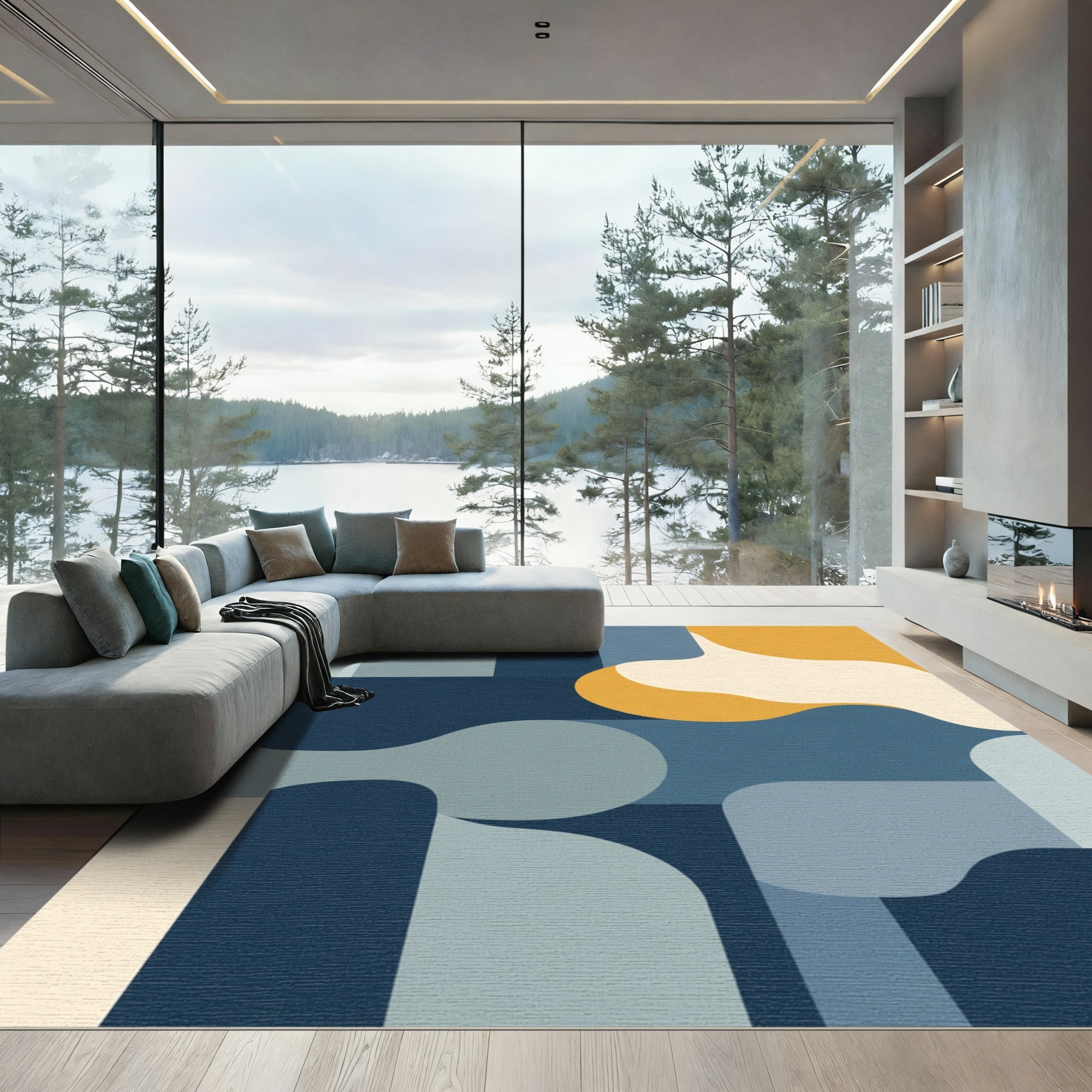Modern Abstract Organic Blue Ochre Rug