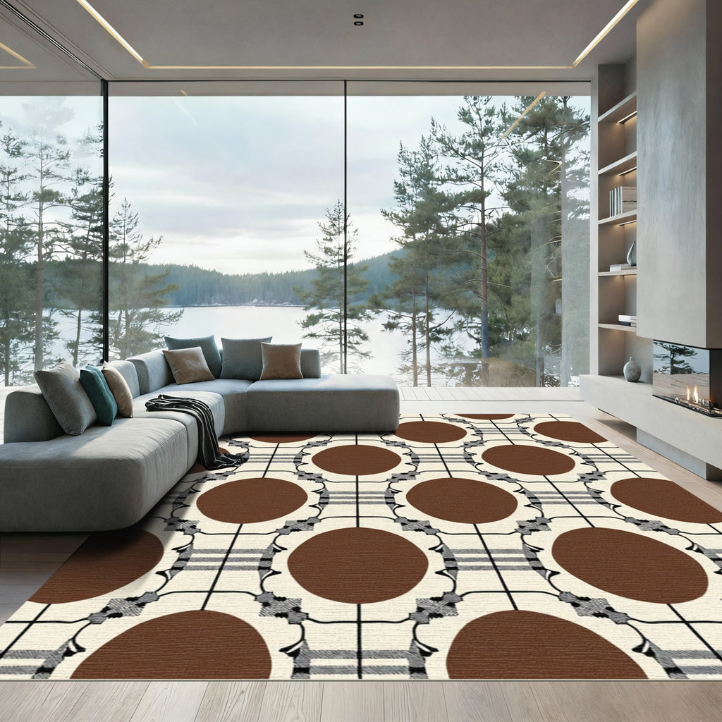 Brown Circles with Cream Plaid Grid Rug