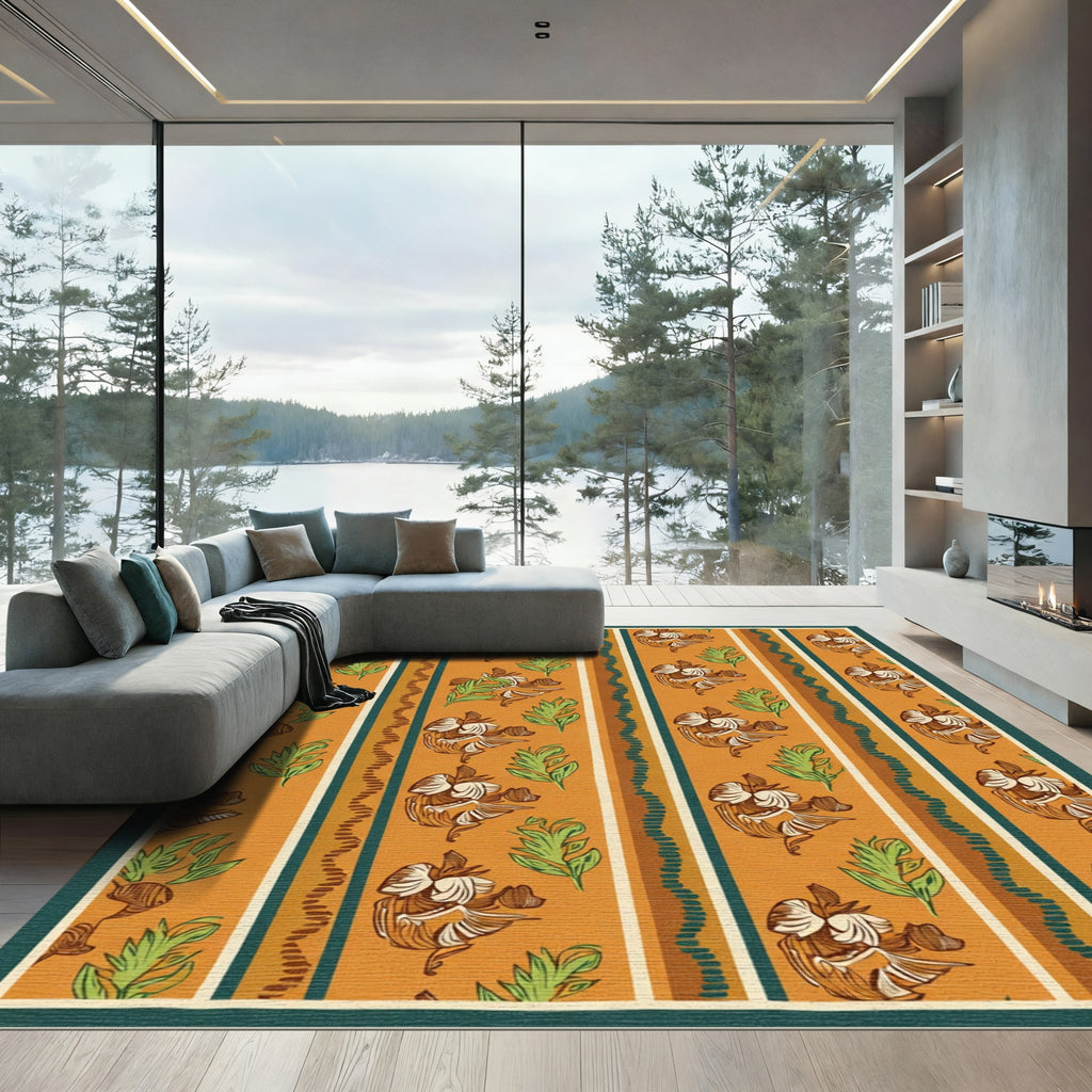 Orange Floral Stripe Mid Century Rug
