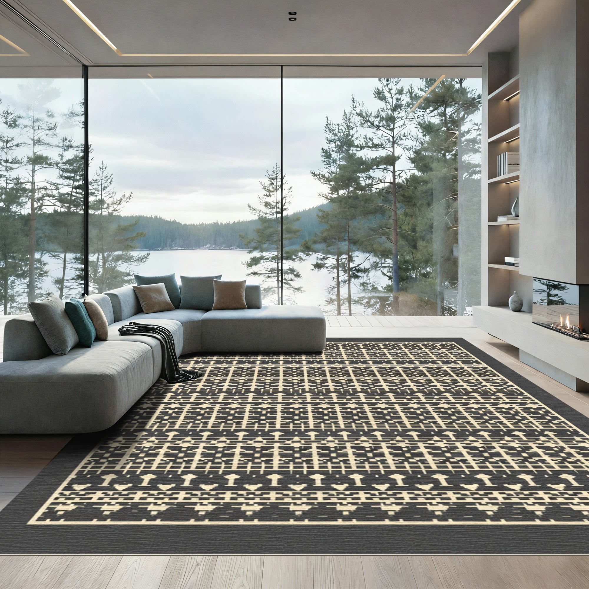Geometric Cream Bands Border Rug