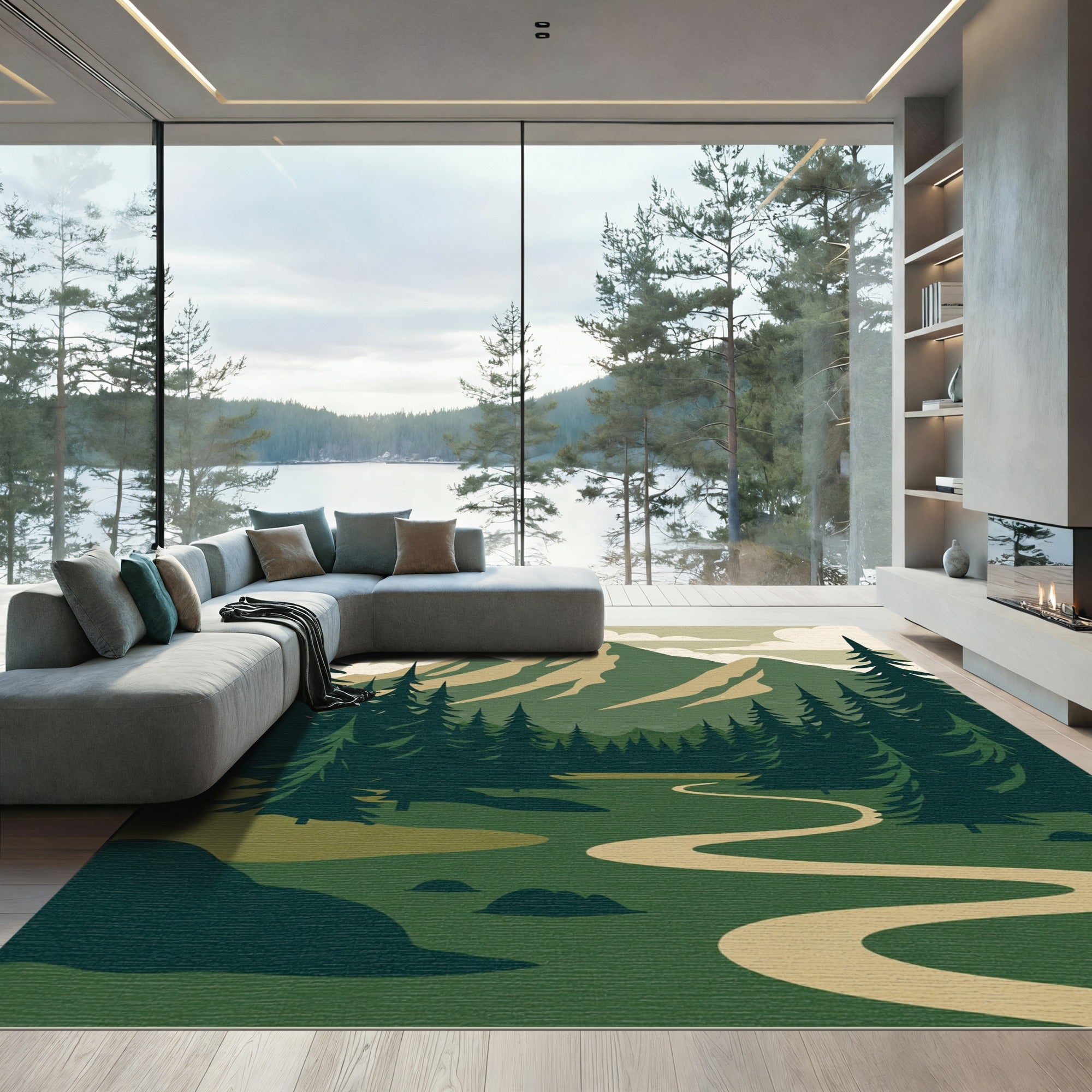 Earthy Green Mountain Forest Path Rug