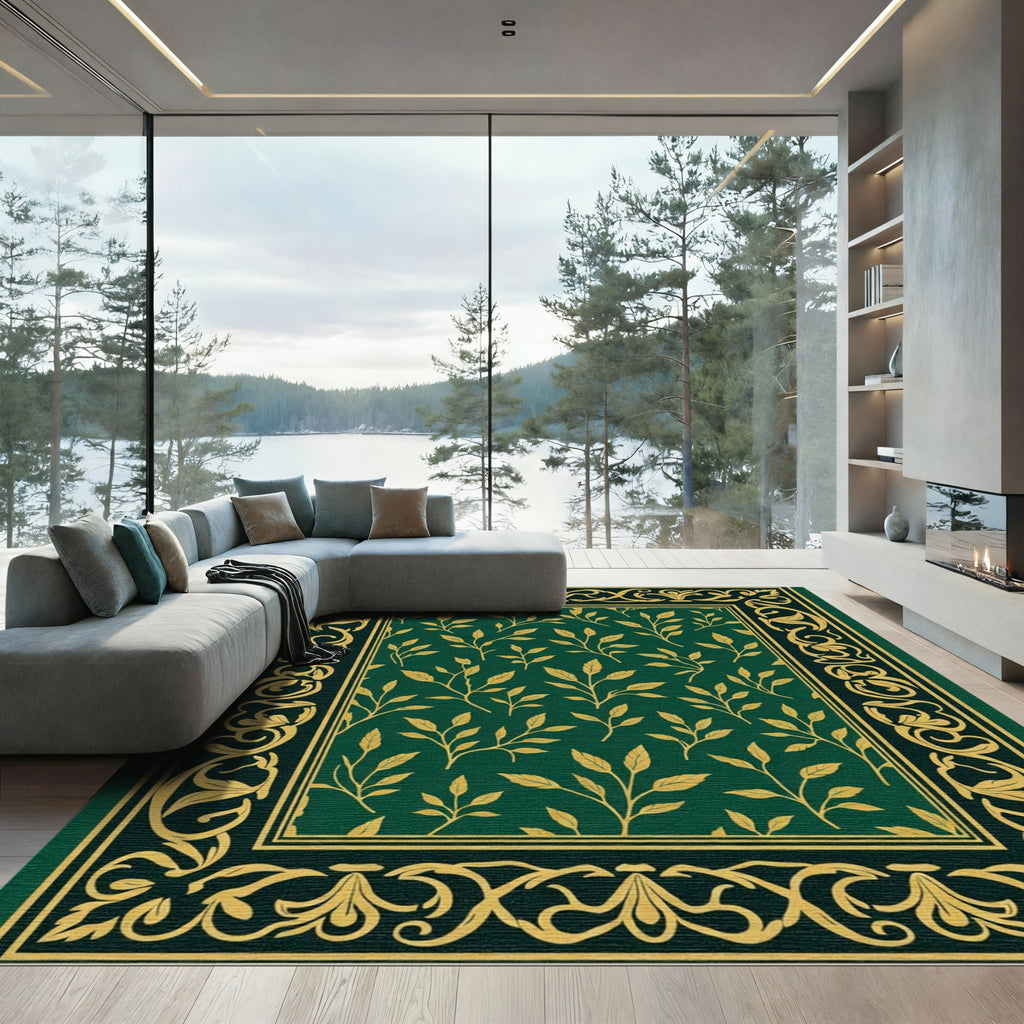 Deep Emerald Gold Leaf Vine Border Rug