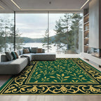 Deep Emerald Gold Leaf Vine Border Rug