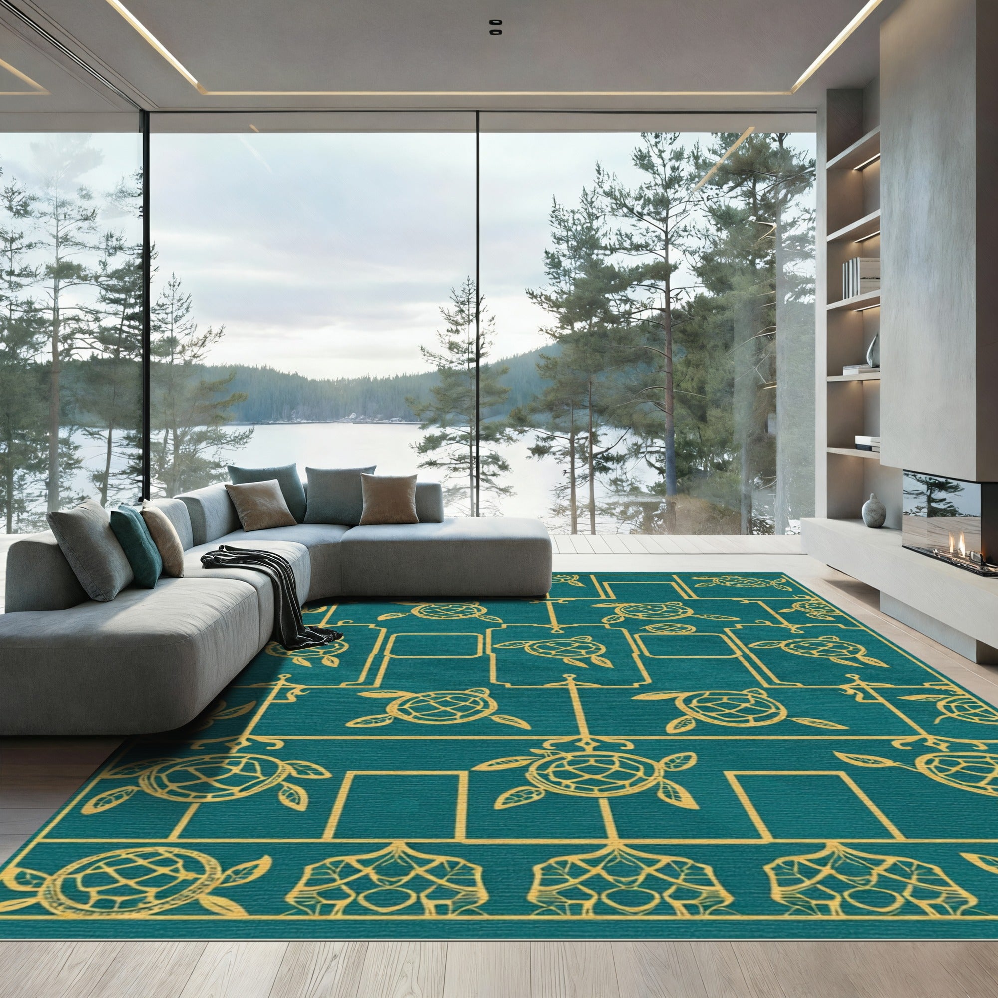 Gold Turtles Teal Geometric Rug