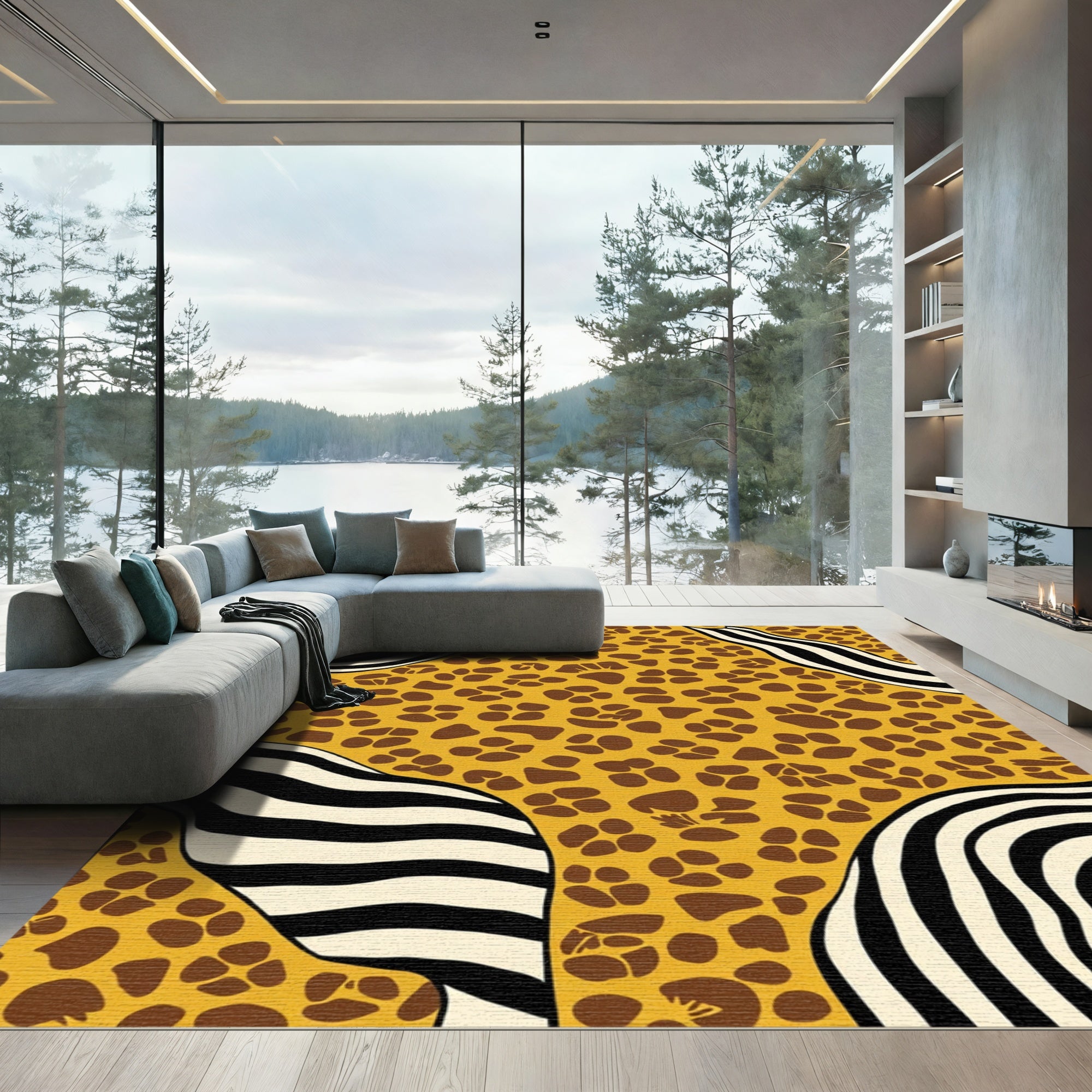 Earthy Yellow Animal Paw Zebra Stripe Rug