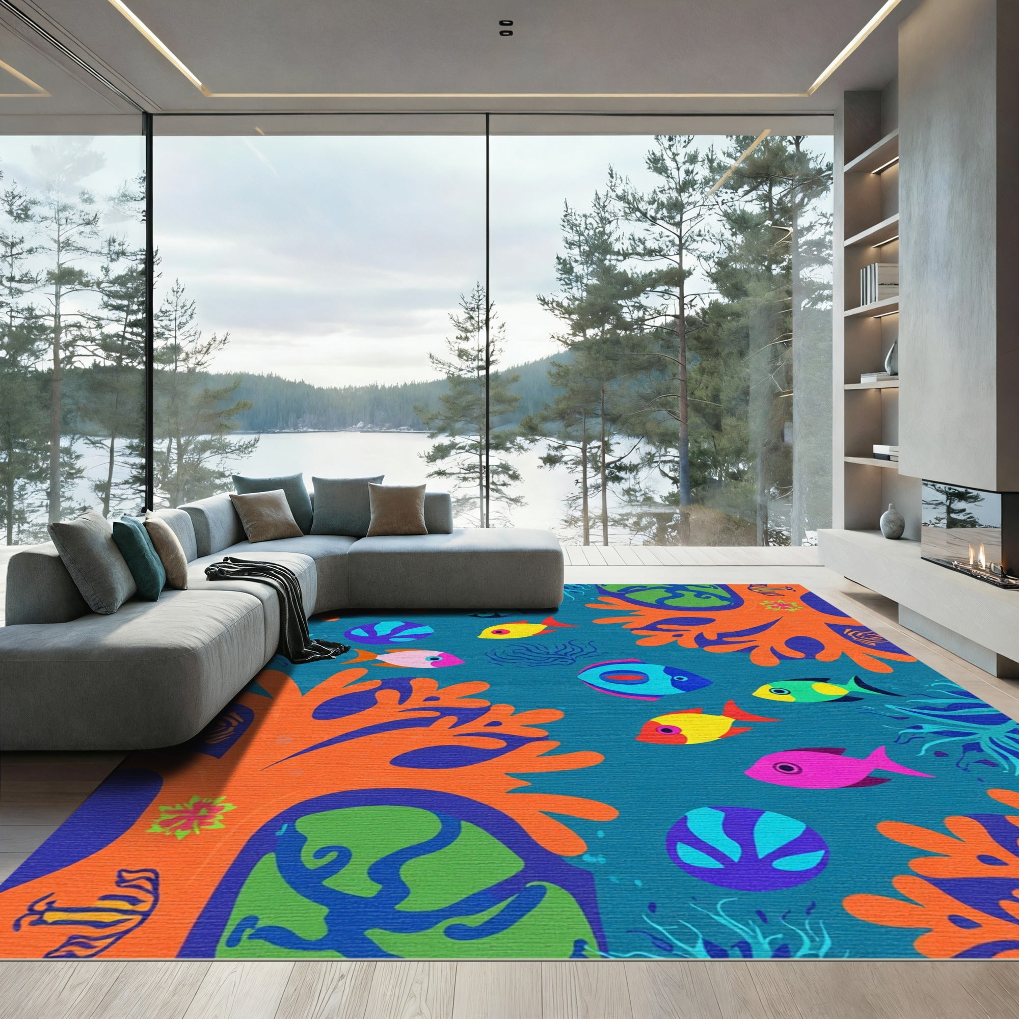 Bright Coral Fish And Seaweed Scene Rug
