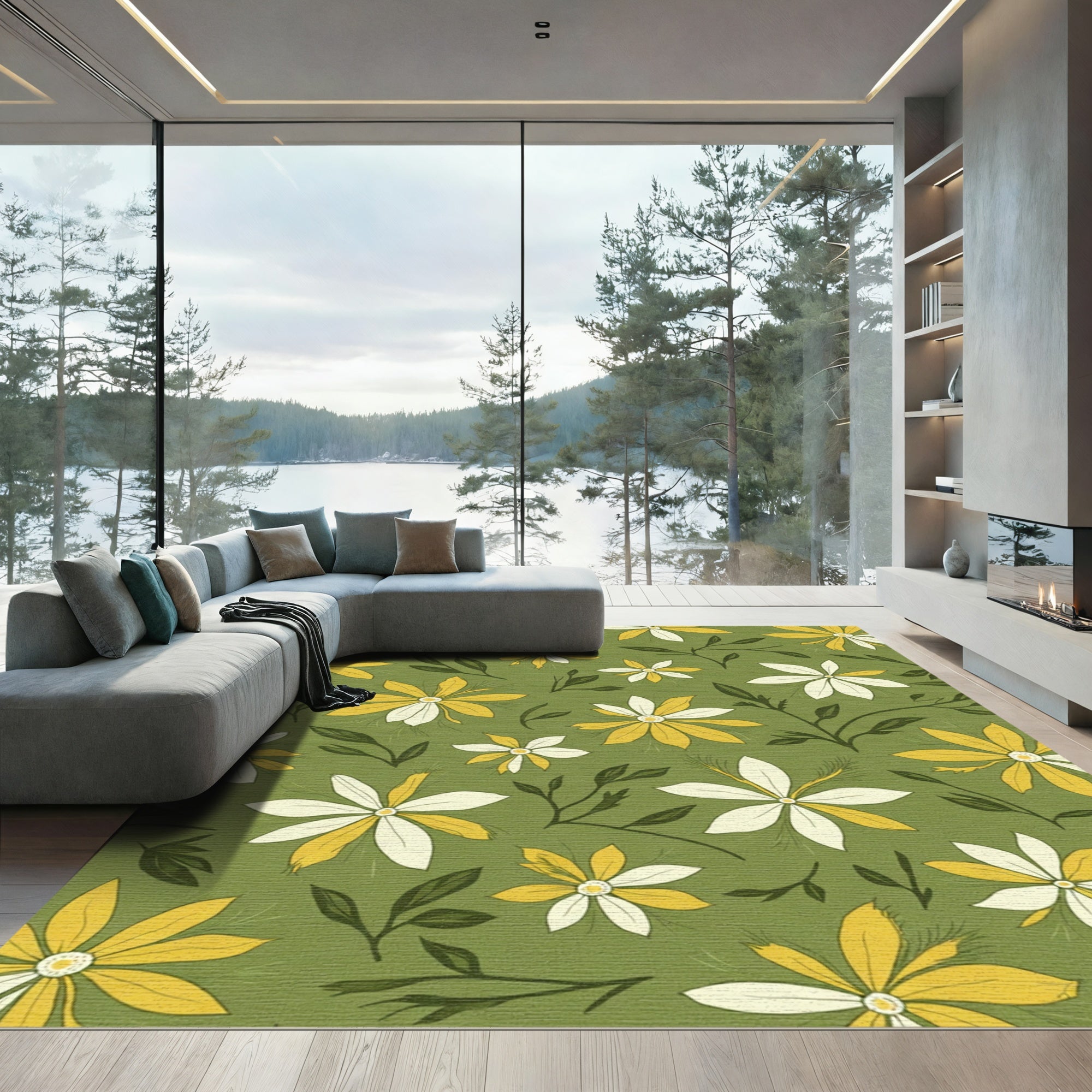 Yellow White Daisy Floral Meadow Rug