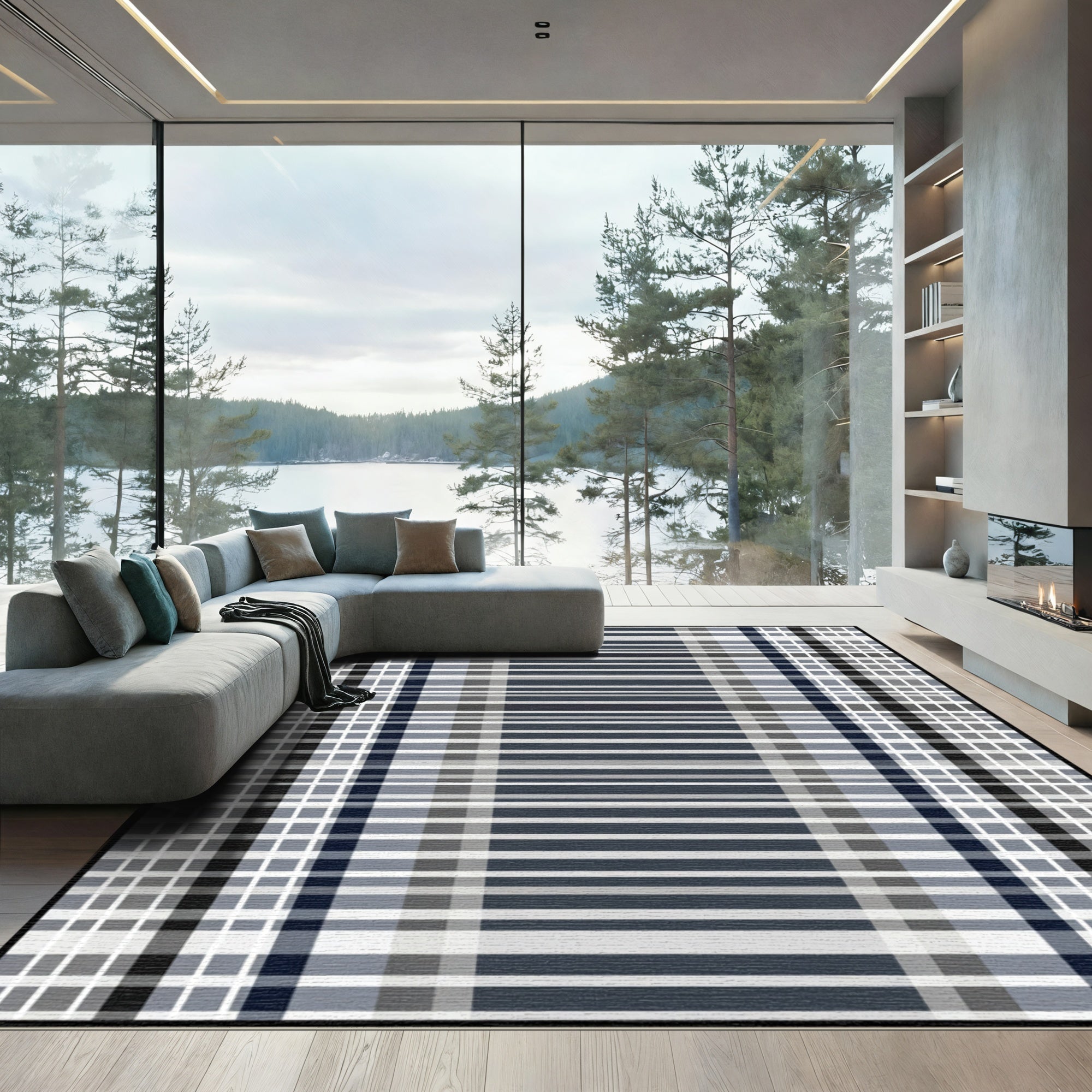 Modern Navy Gray Plaid Stripe Rug