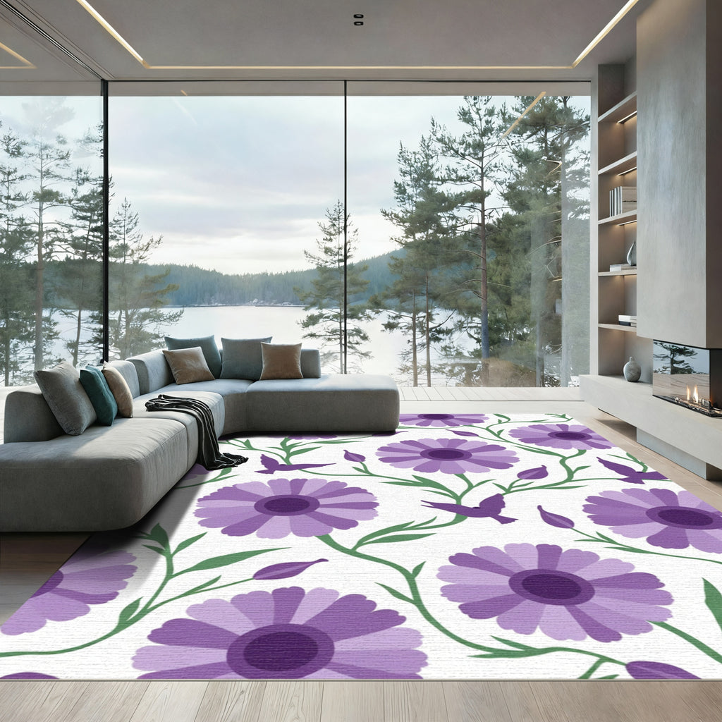 Purple Daisy Bird Vine Meadow Rug
