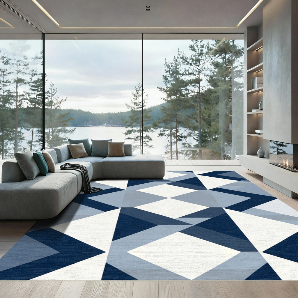 Deep Blue And White Geometric Diamond Rug