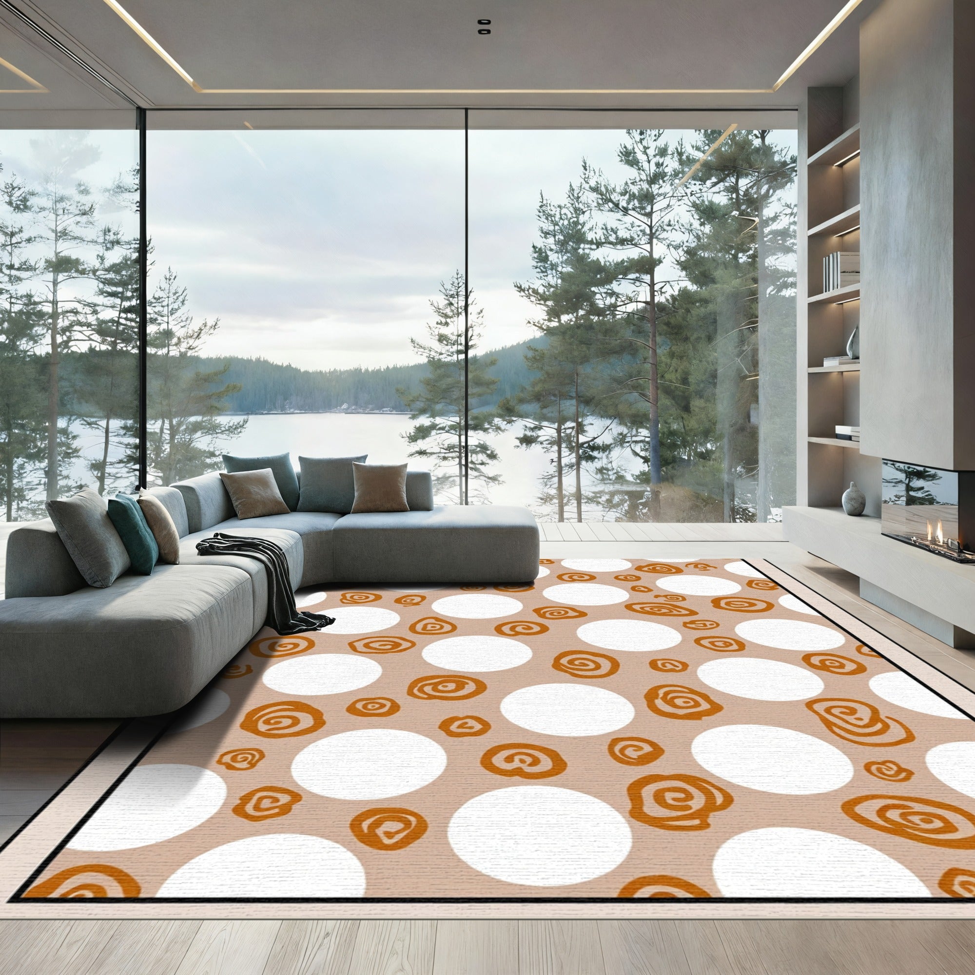 Terracotta White Circle Swirl Composition Rug