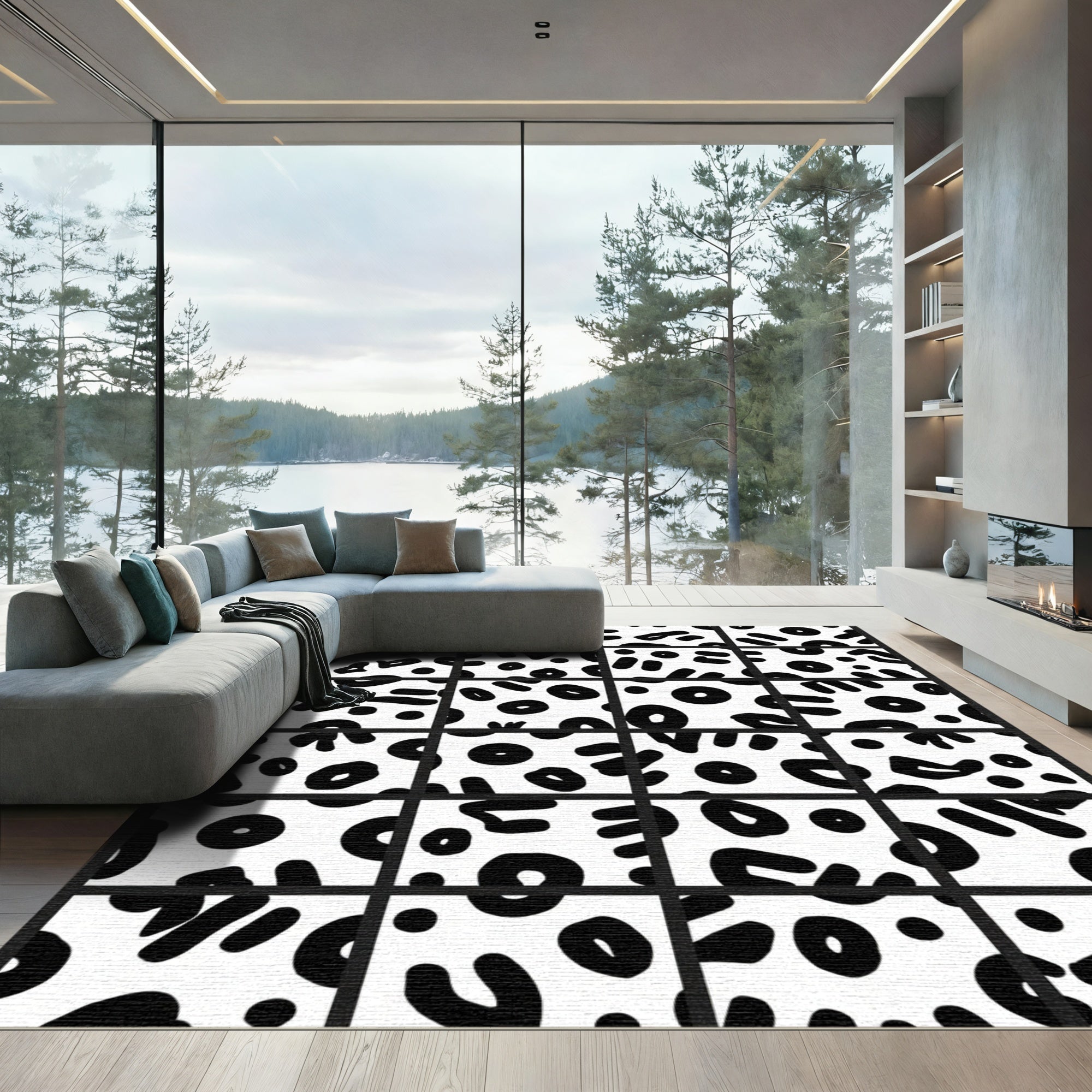 Abstract Black White Organic Shapes Rug