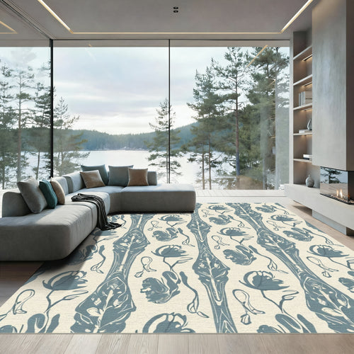 Blue Perennial Floral Vertical Stripe Rug