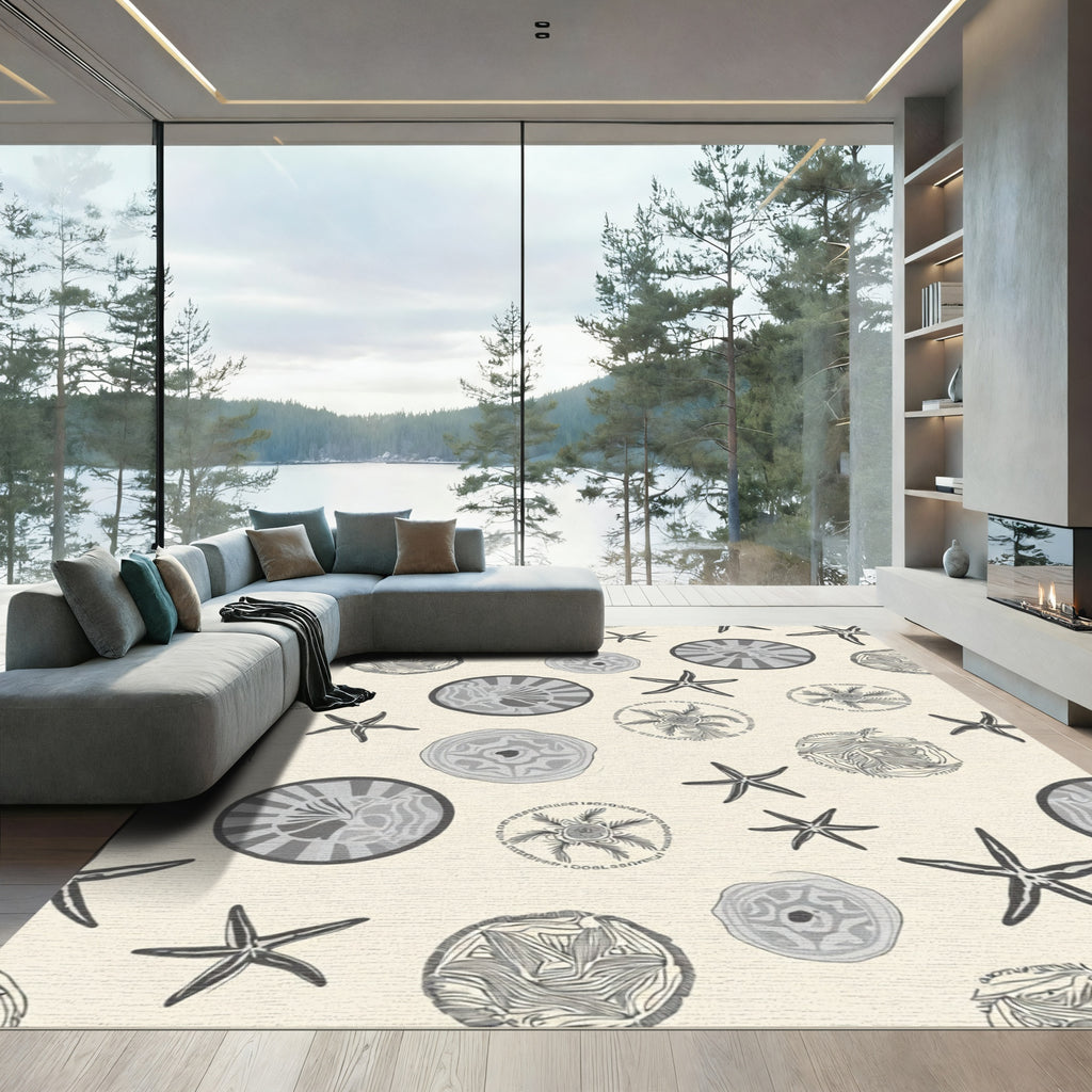 Gray Fossil Starfish Round Creatures Rug
