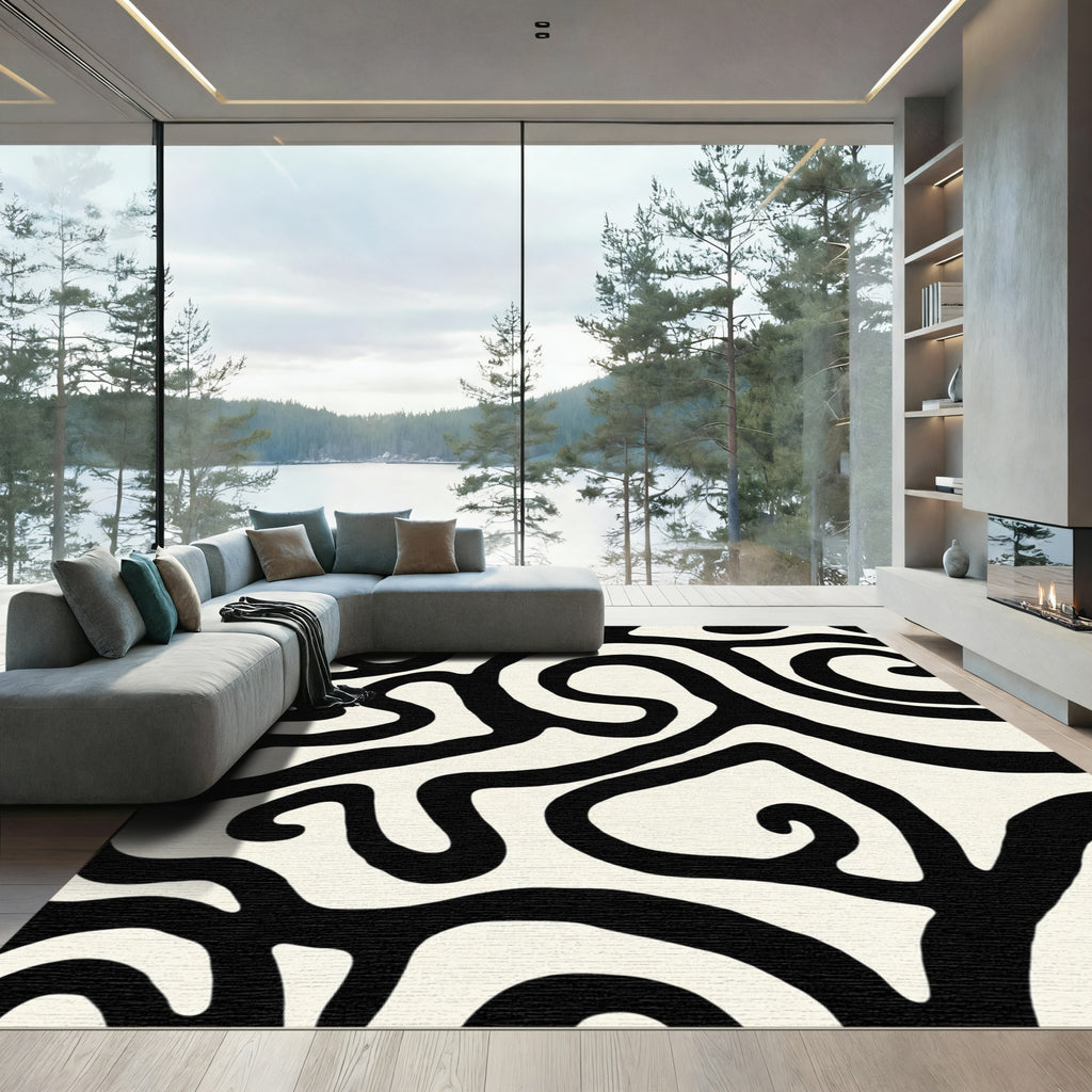 Bold Black Swirl Cream Abstract Rug