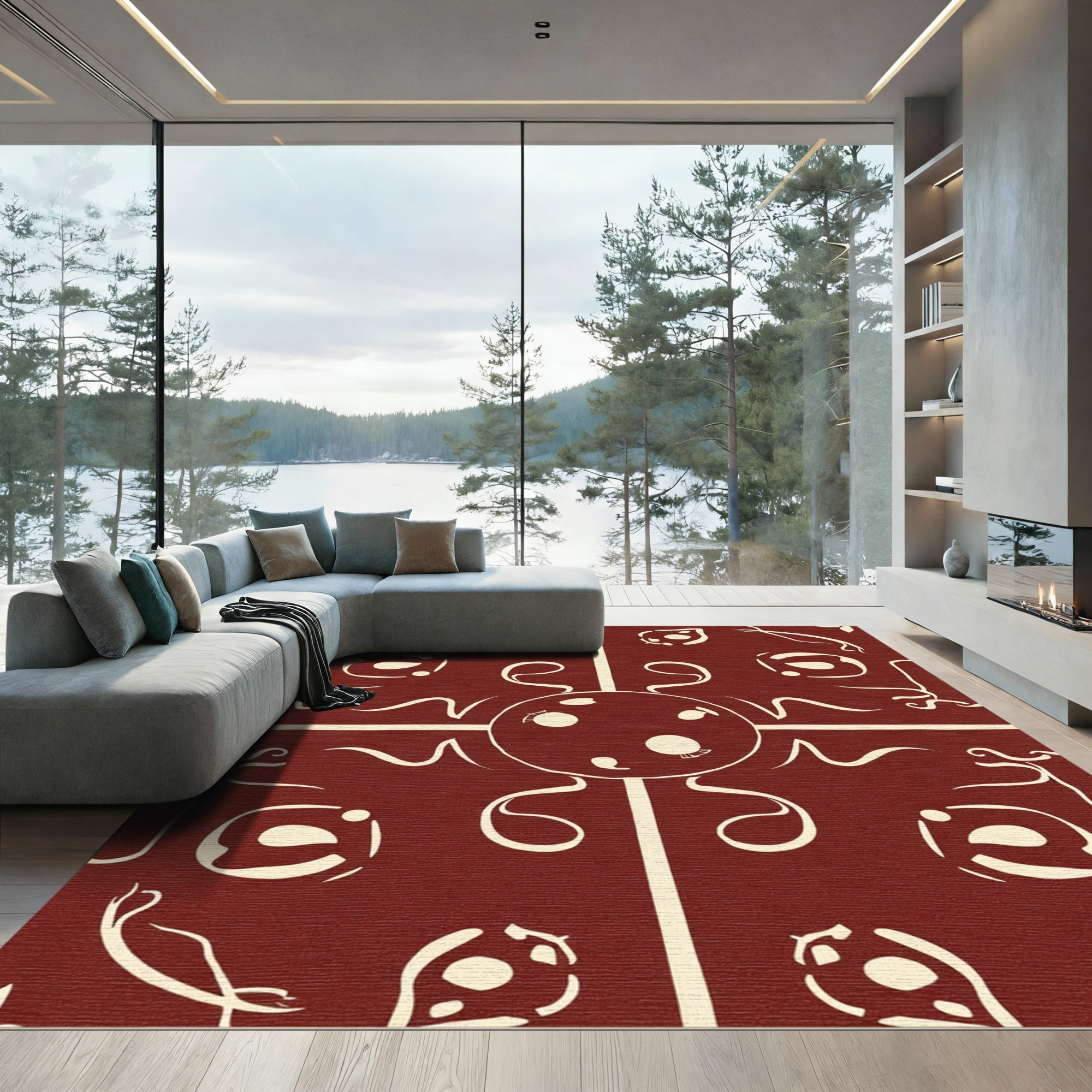 Crimson Sun Face Abstract Vines Rug