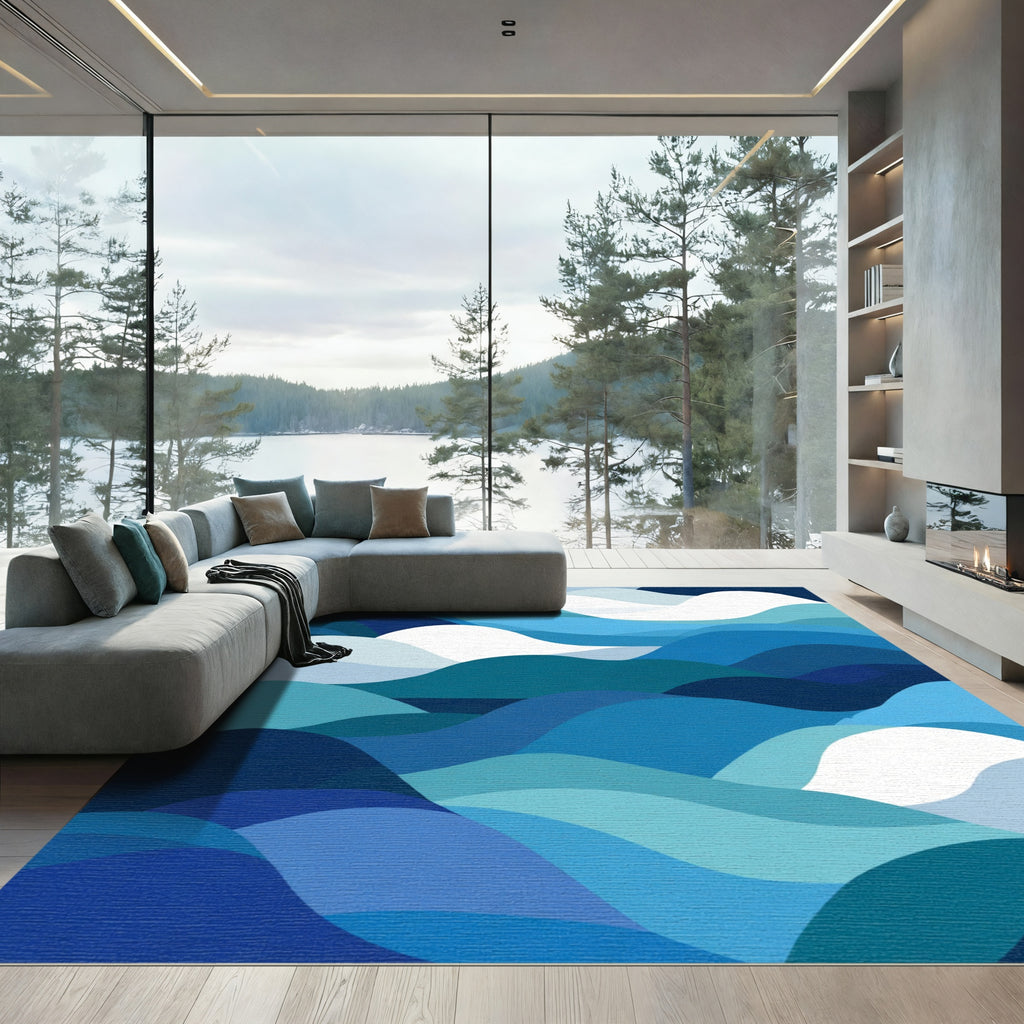 Modern Blue Ocean Wave Abstract Rug
