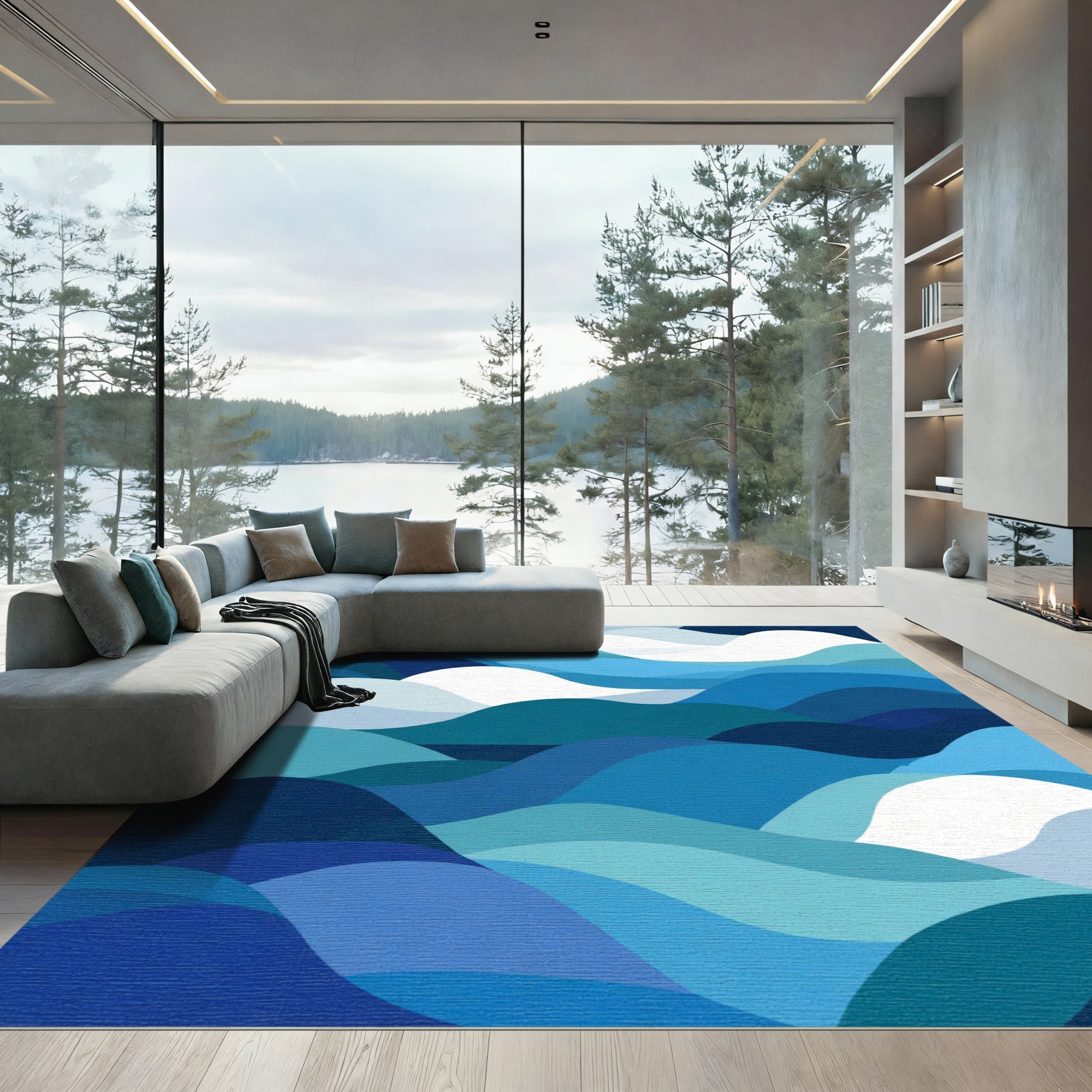 Modern Blue Ocean Wave Abstract Rug