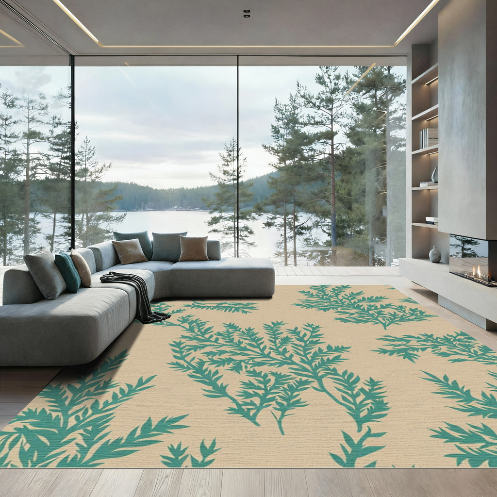 Teal Fern Foliage Beige Background Rug