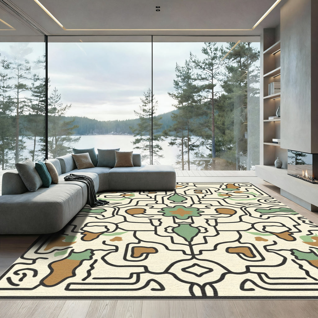 Cream Black Abstract Organic Medallion Rug