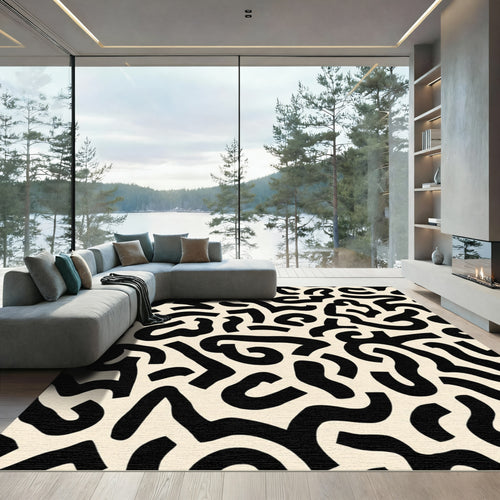 Black Organic Abstract Wavy Lines Rug