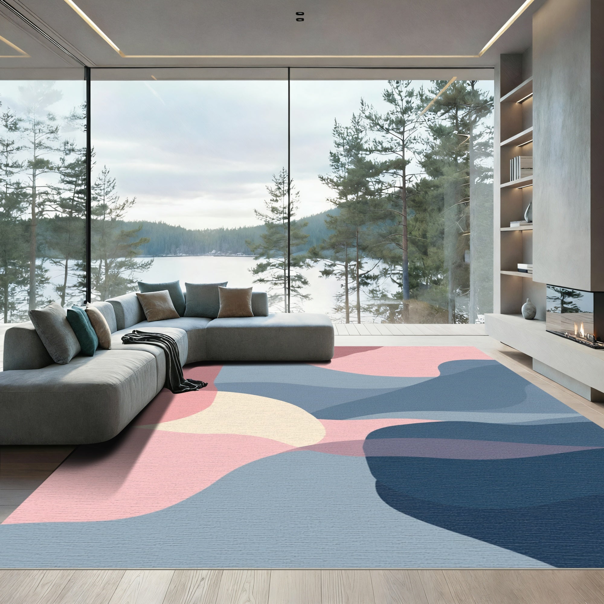 Soft Pink Blue Abstract Landscape Rug
