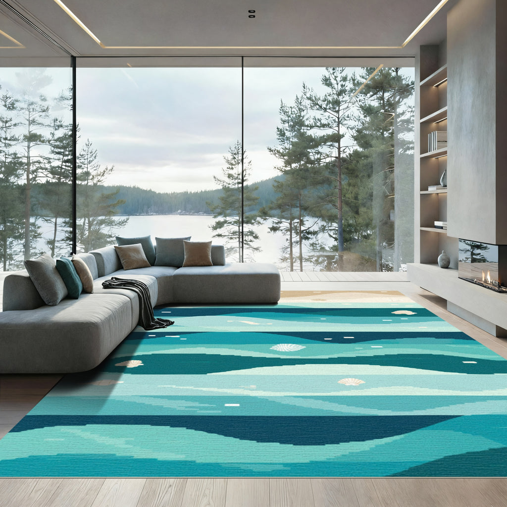 Ocean Wave Seashell Abstract Teal Rug