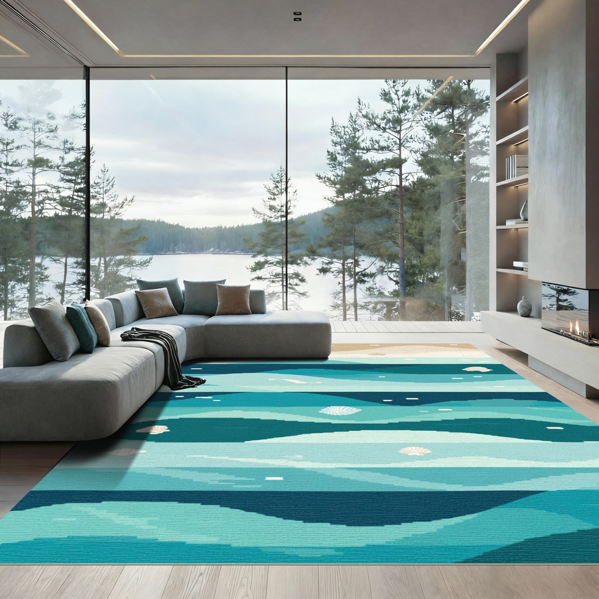 Ocean Wave Seashell Abstract Teal Rug