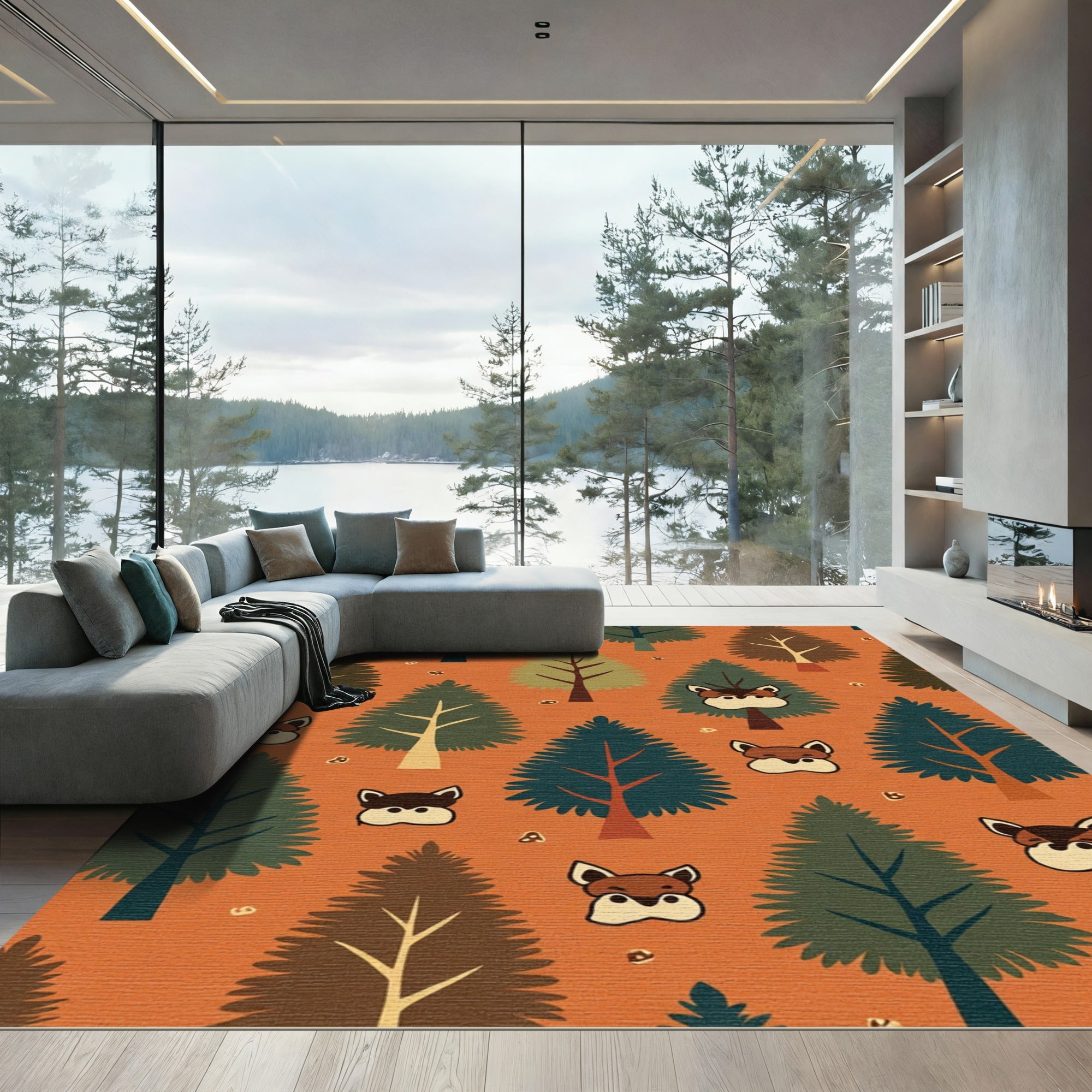 Earthy Forest Trees Fox Faces Woodland Rug