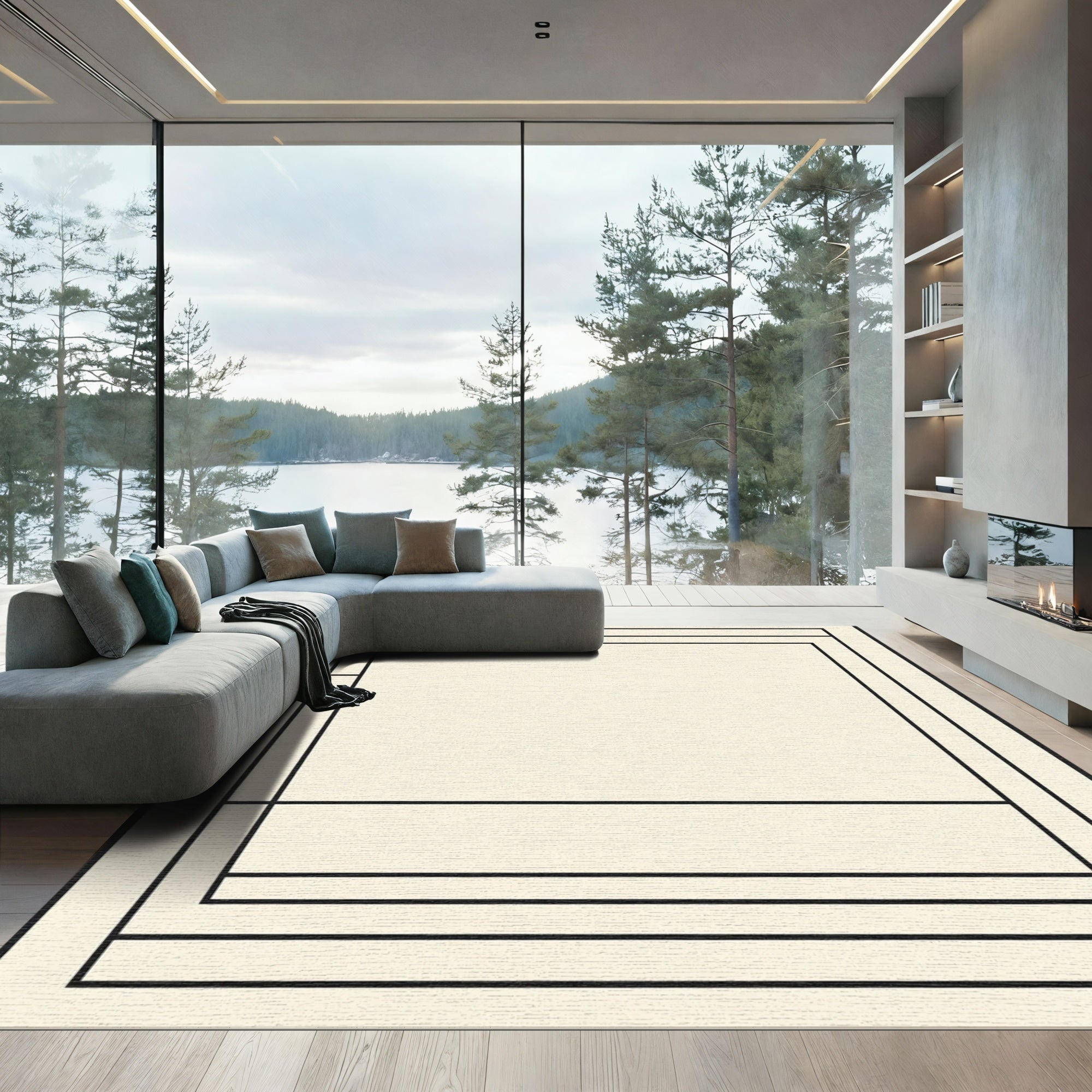 Simple Ivory Black Linear Border Rug