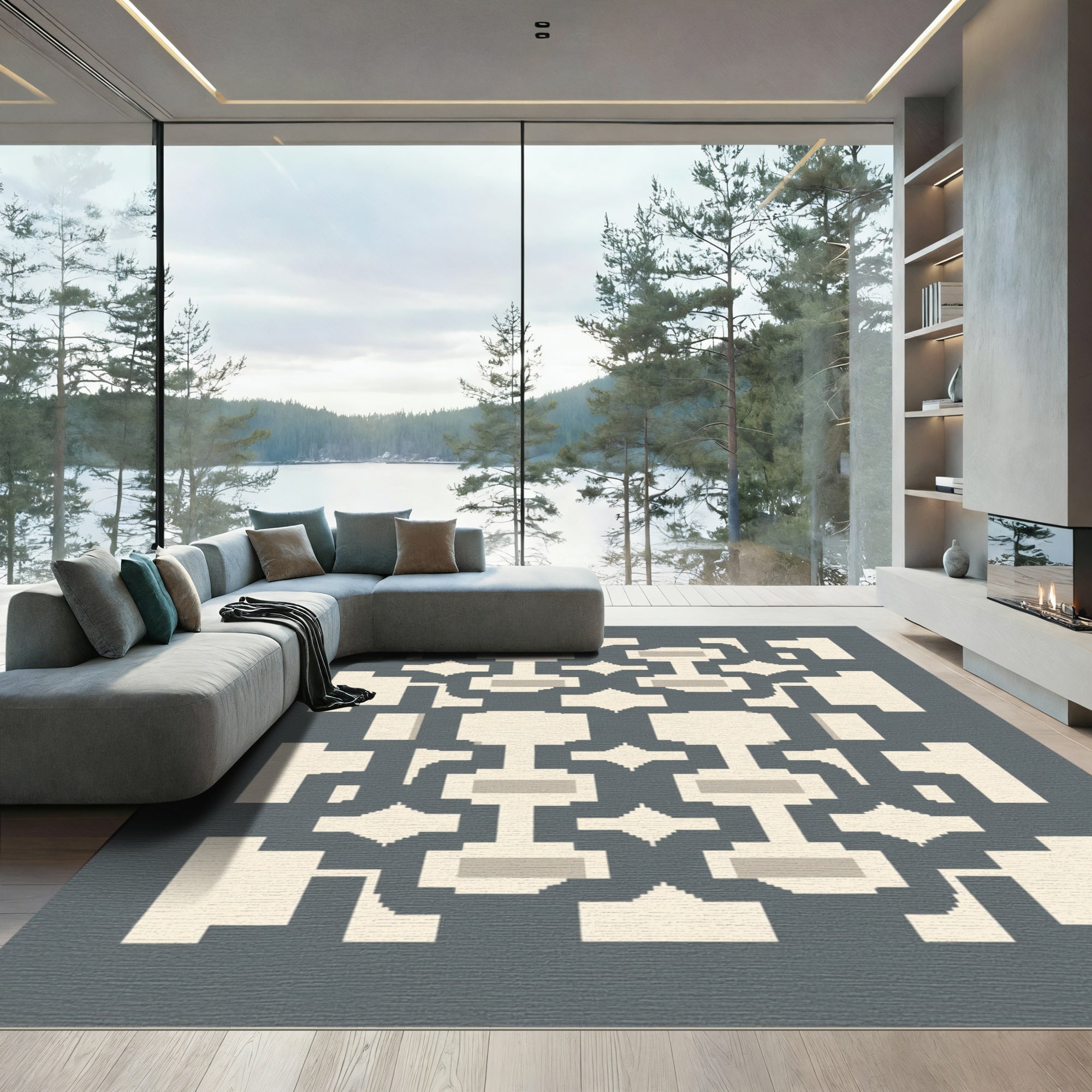 Gray And Beige Geometric Lattice Rug