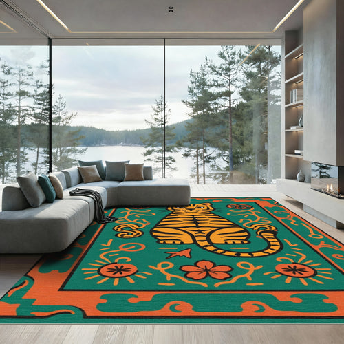 Bold Orange Tiger Green Floral Rug