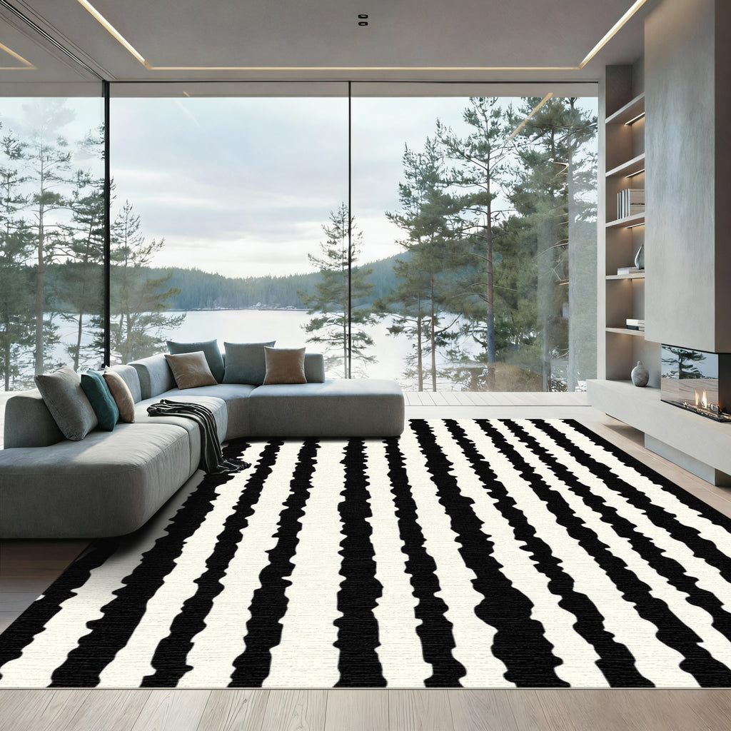 Abstract Black White Jagged Stripe Rug