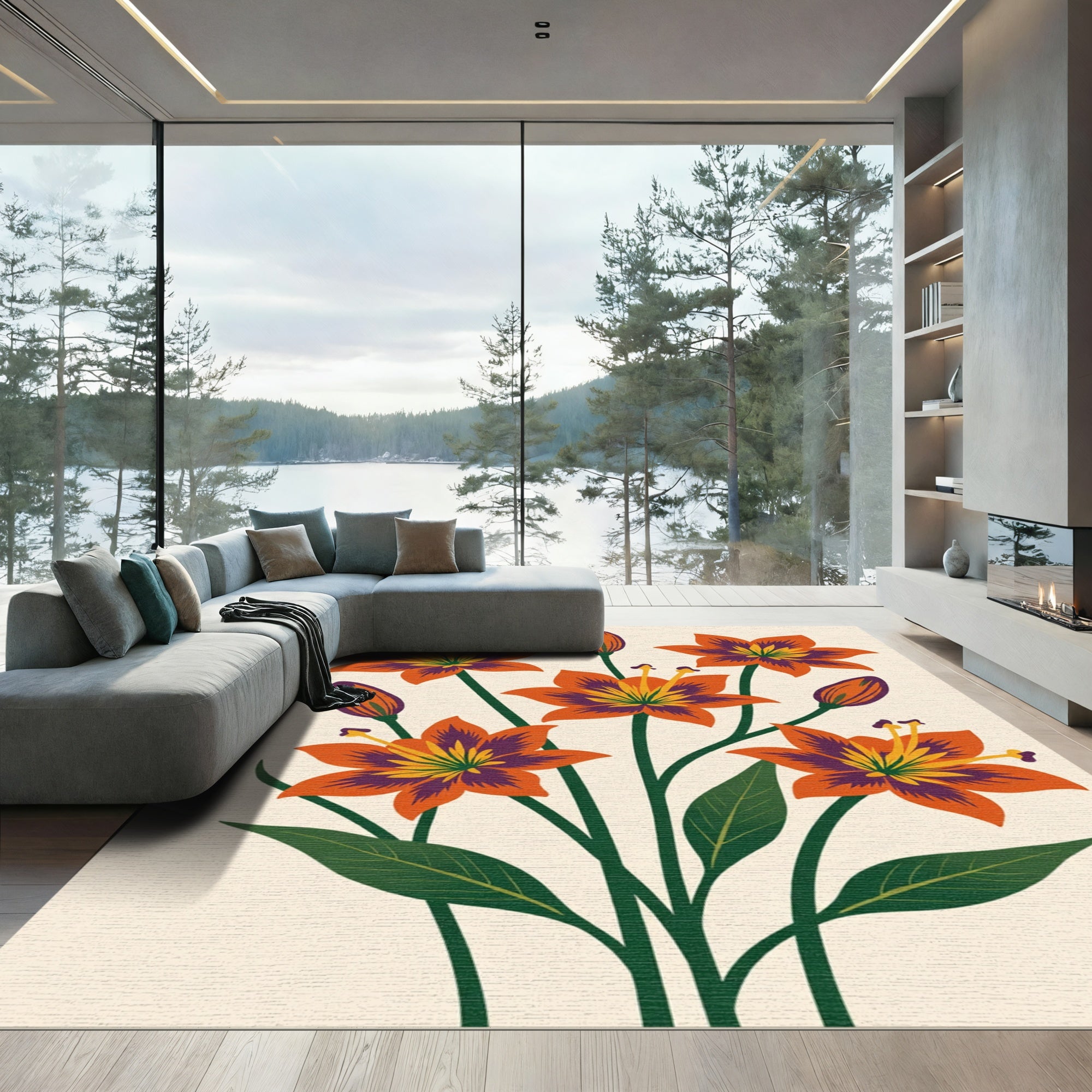 Bold Orange Lily Floral Bouquet Rug