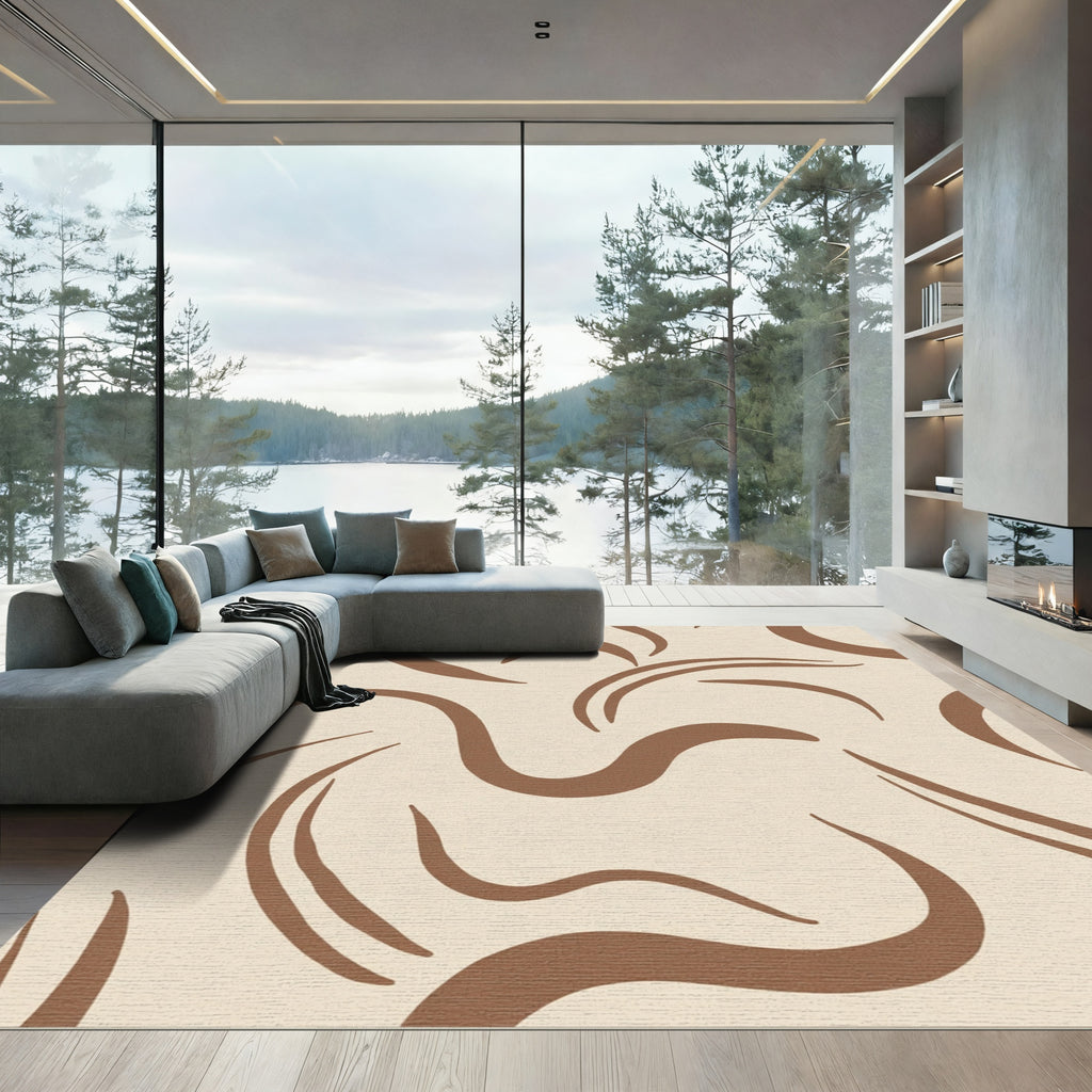 Warm Tan Abstract Swirl Line Rug