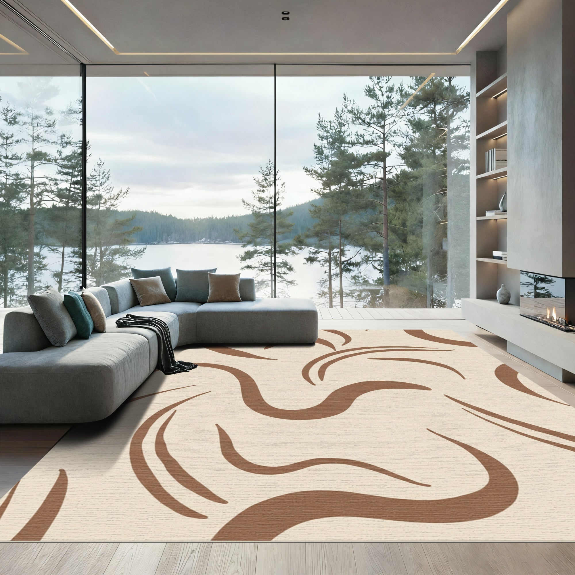 Warm Tan Abstract Swirl Line Rug